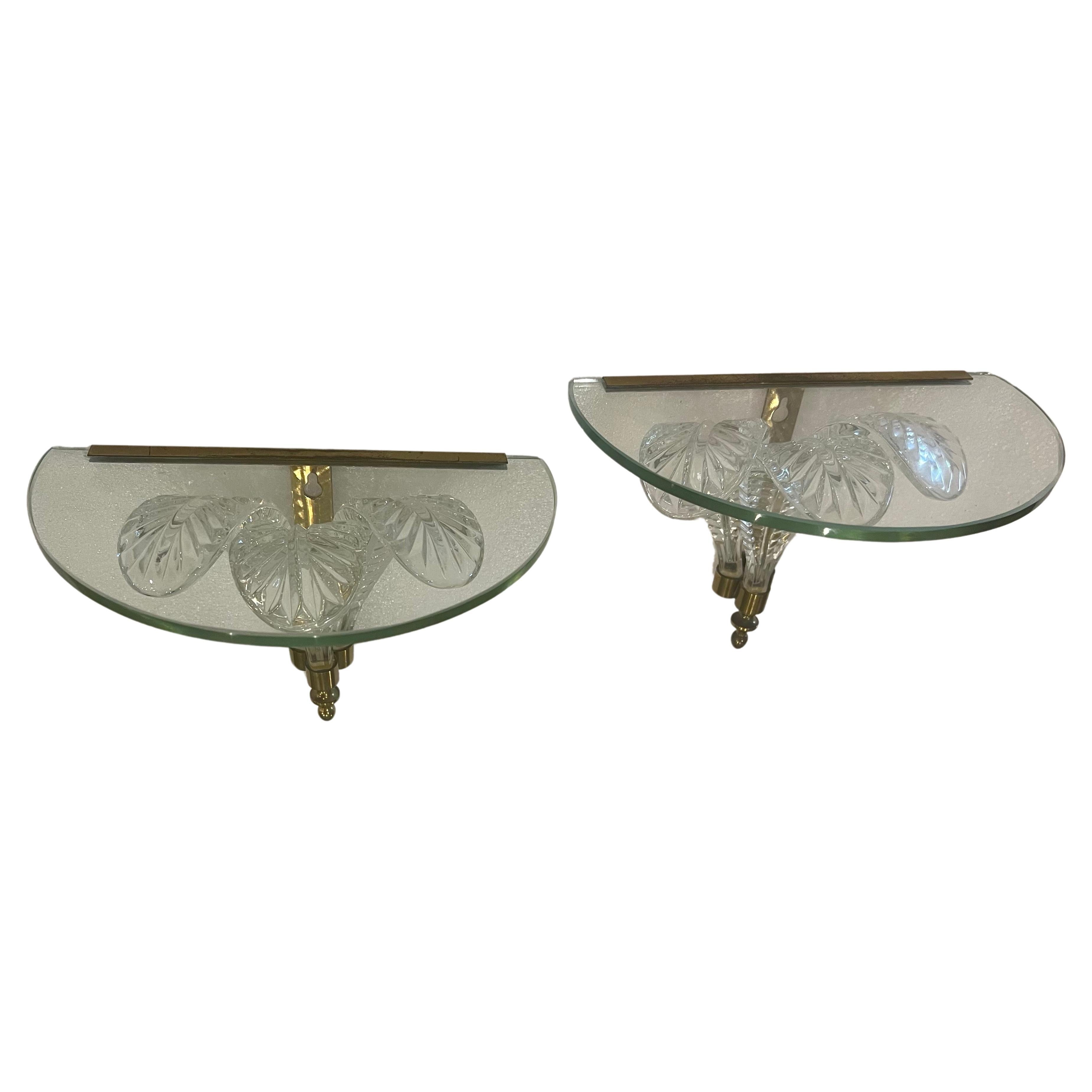 Hollywood Regency Pair of Italian Murano Wall Sconces Petite Shelves Brass & Glass For Sale