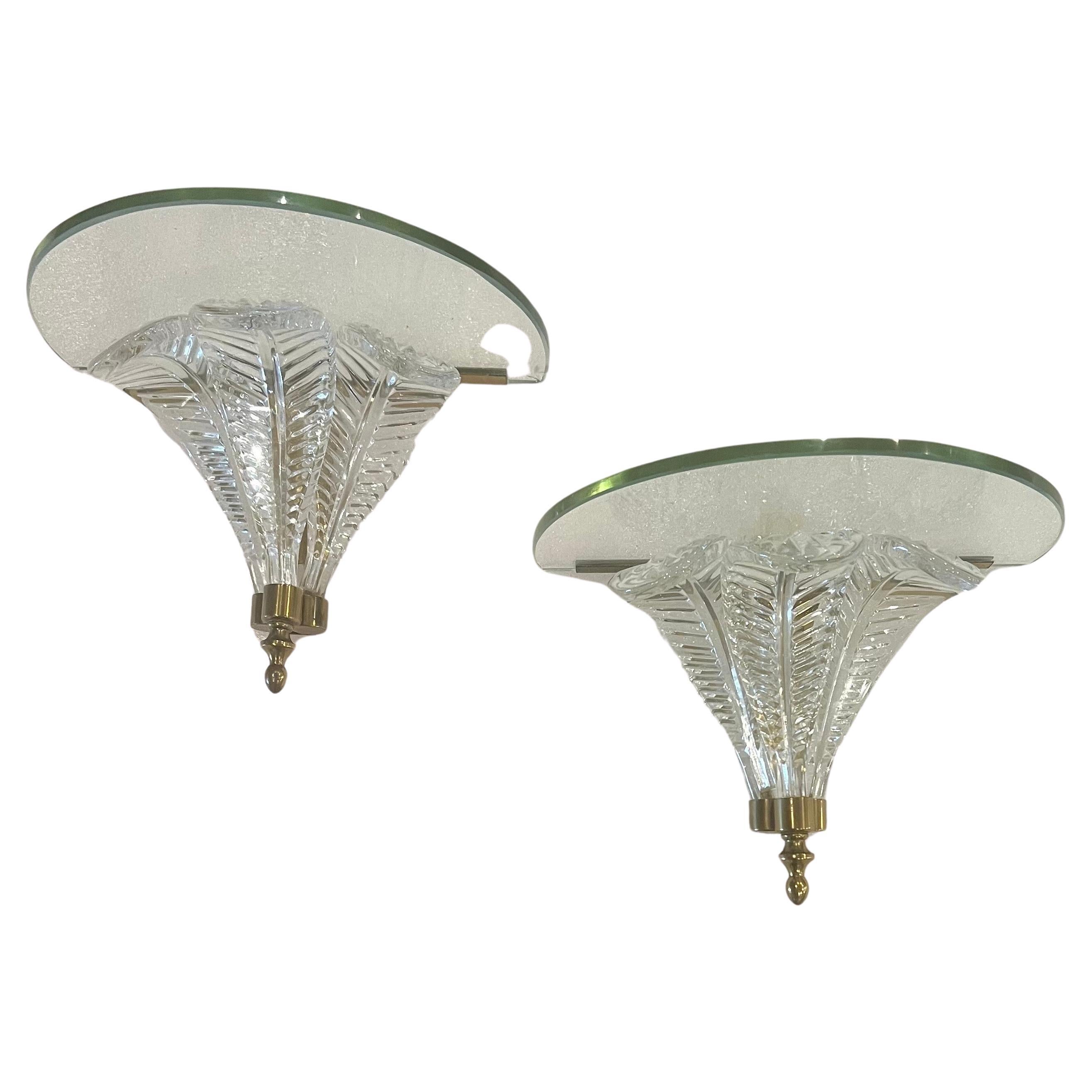 Pair of Italian Murano Wall Sconces Petite Shelves Brass & Glass In Good Condition For Sale In San Diego, CA