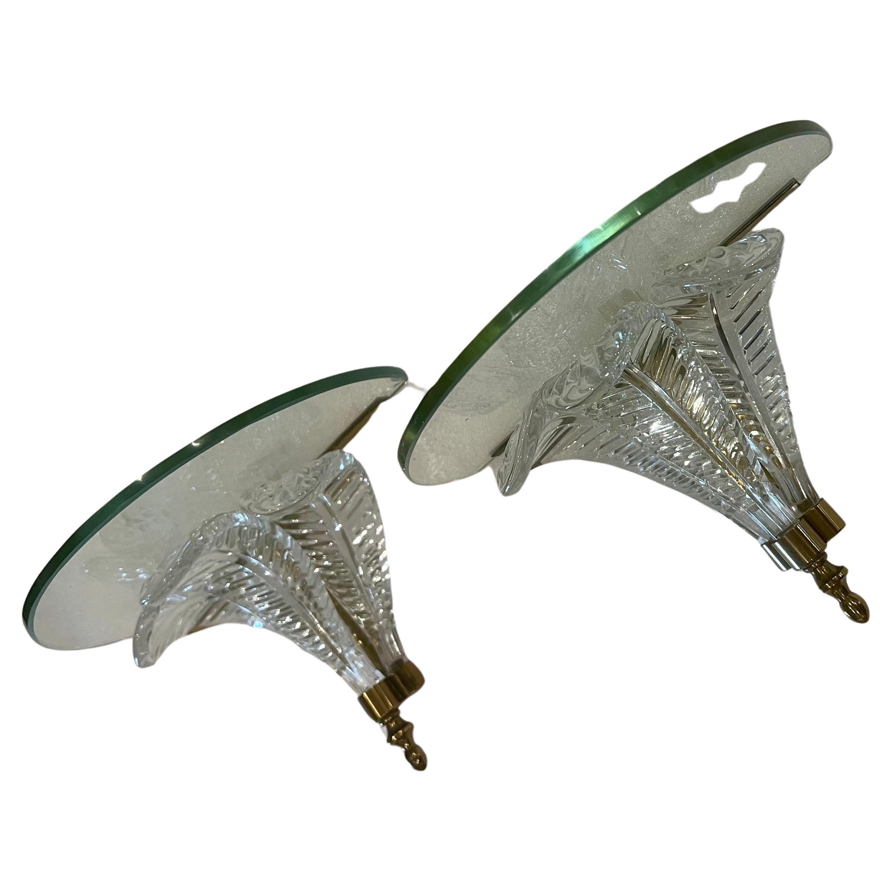 20th Century Pair of Italian Murano Wall Sconces Petite Shelves Brass & Glass For Sale