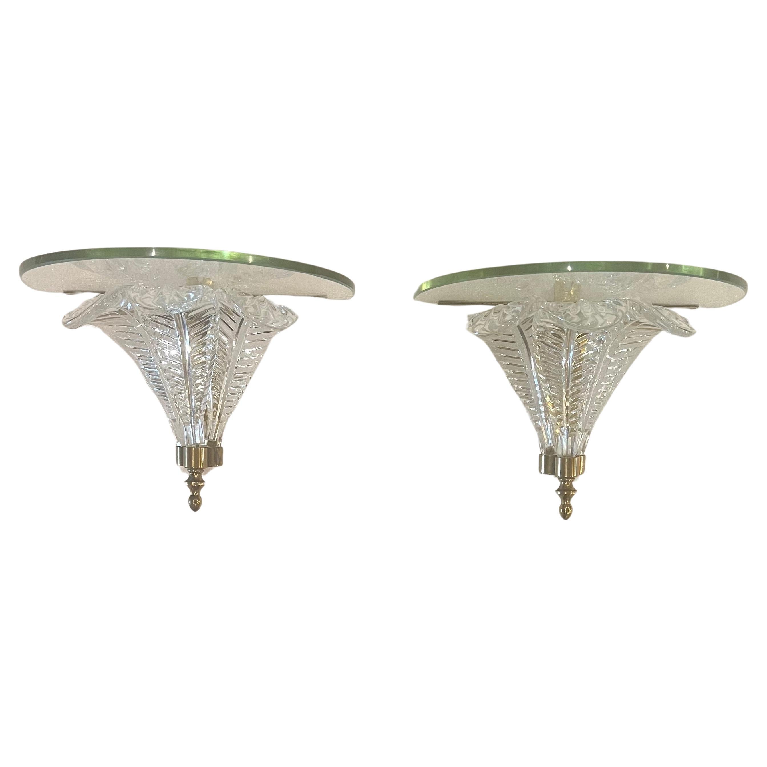 Pair of Italian Murano Wall Sconces Petite Shelves Brass & Glass For Sale