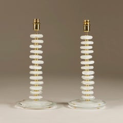 Tall pair of Italian Murano white and clear pebble Lamps with brass detail