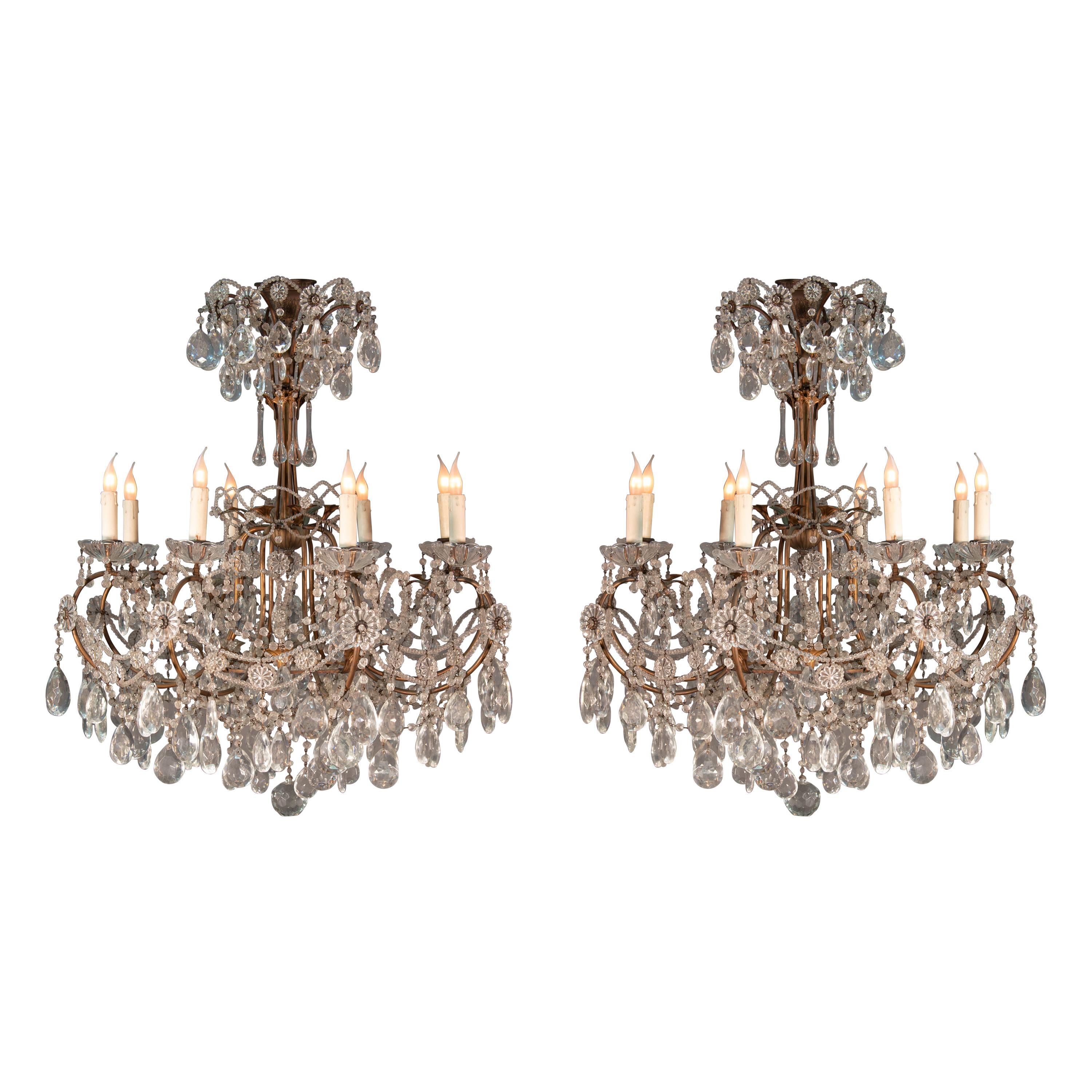 Pair of Italian Chandeliers in Glass Crystal and Metal