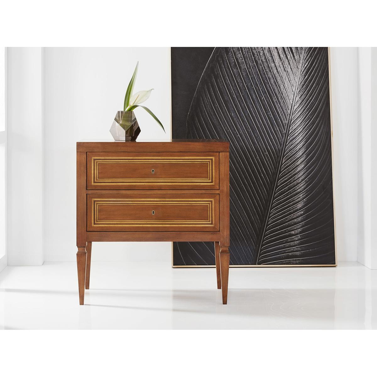 Italian Neo Classic bedside chest. A wonderful reproduction of fine 18th-century Italian cabinetry. Made with Fruitwood and geometric inlays to the drawers and side panels. With working locks on the two drawers and raised on square tapered