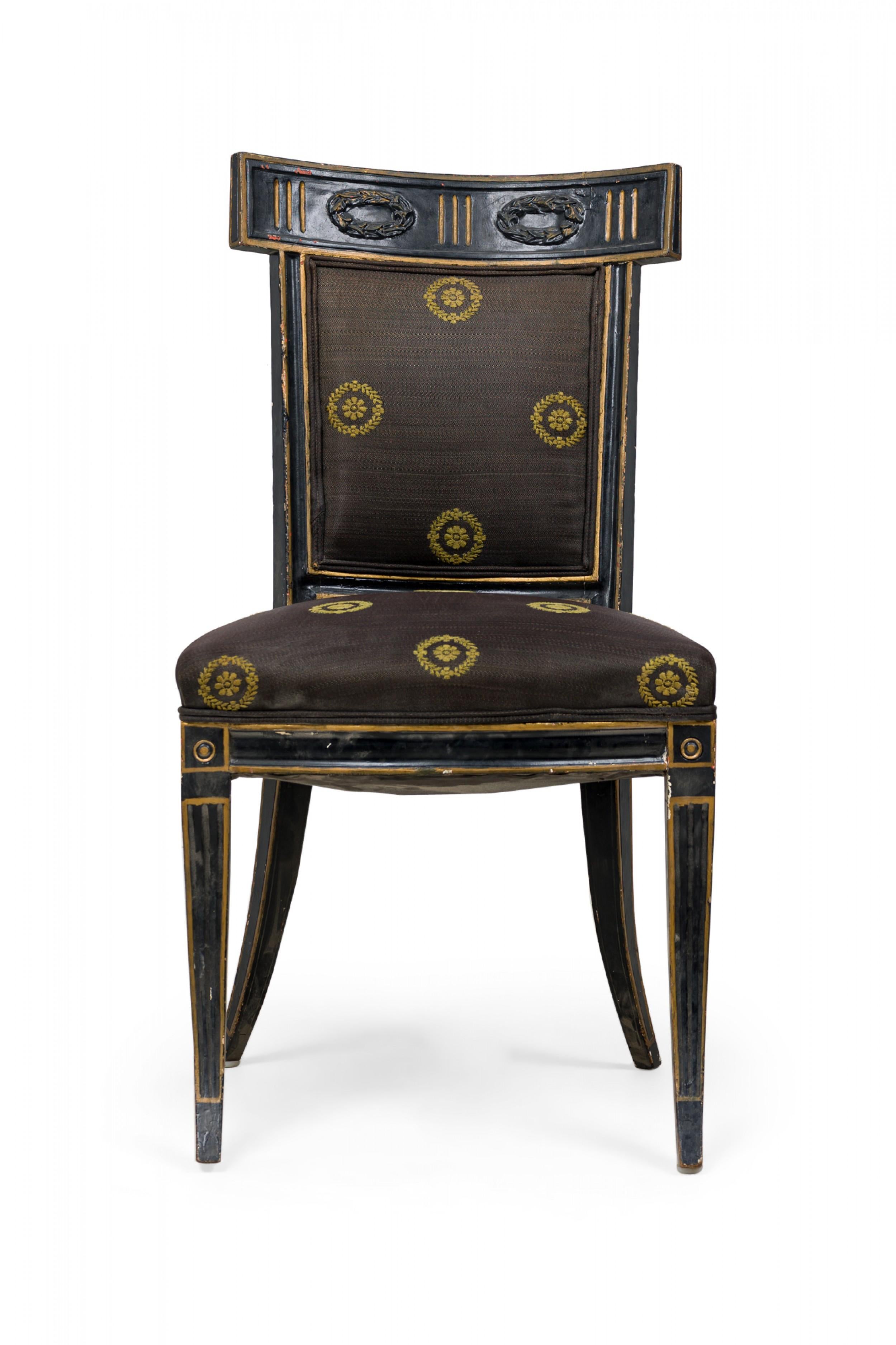 Neoclassical Pair of Italian Neo-Classic Black Painted and Gilt Upholstered Dining Side Chair For Sale