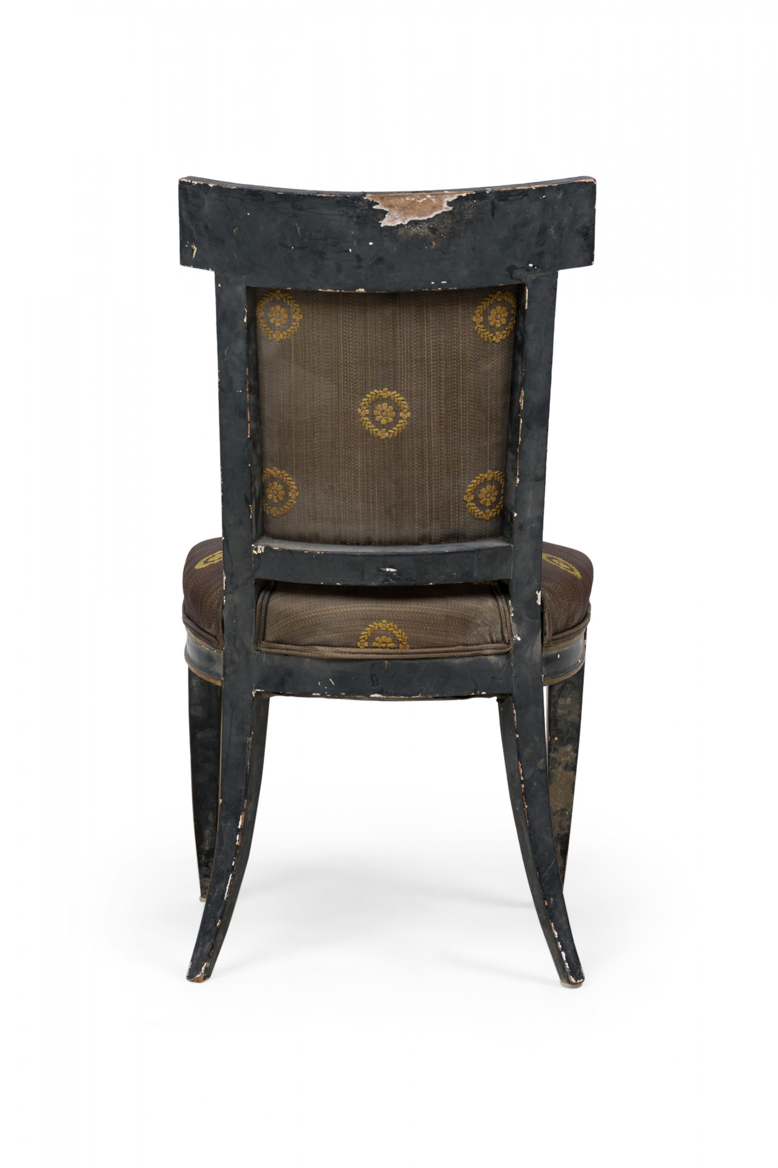 Wood Pair of Italian Neo-Classic Black Painted and Gilt Upholstered Dining Side Chair For Sale
