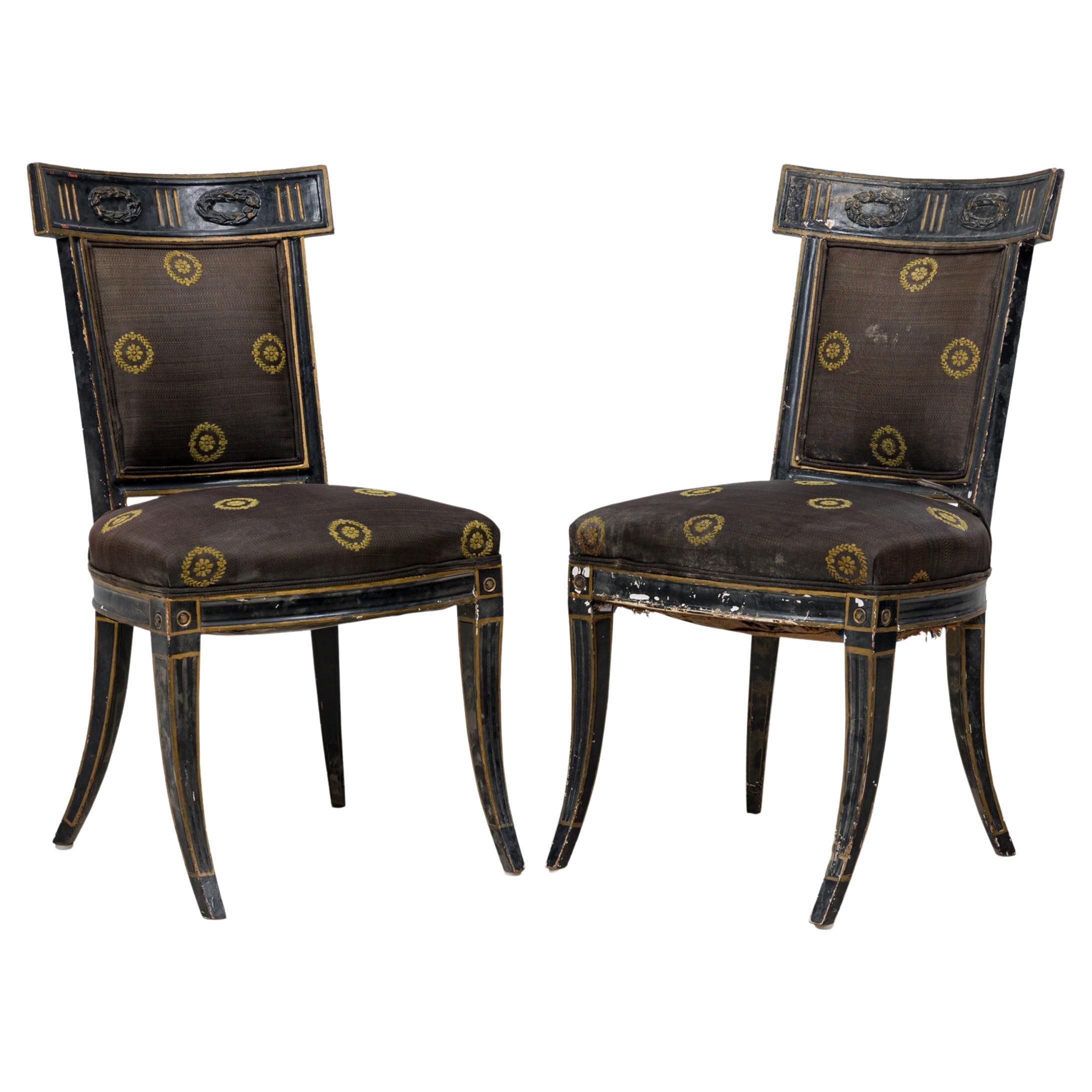 Pair of Italian Neo-Classic Black Painted and Gilt Upholstered Dining Side Chair For Sale