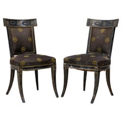 Pair of Italian Neo-Classic Black Painted and Gilt Upholstered Dining Side Chair