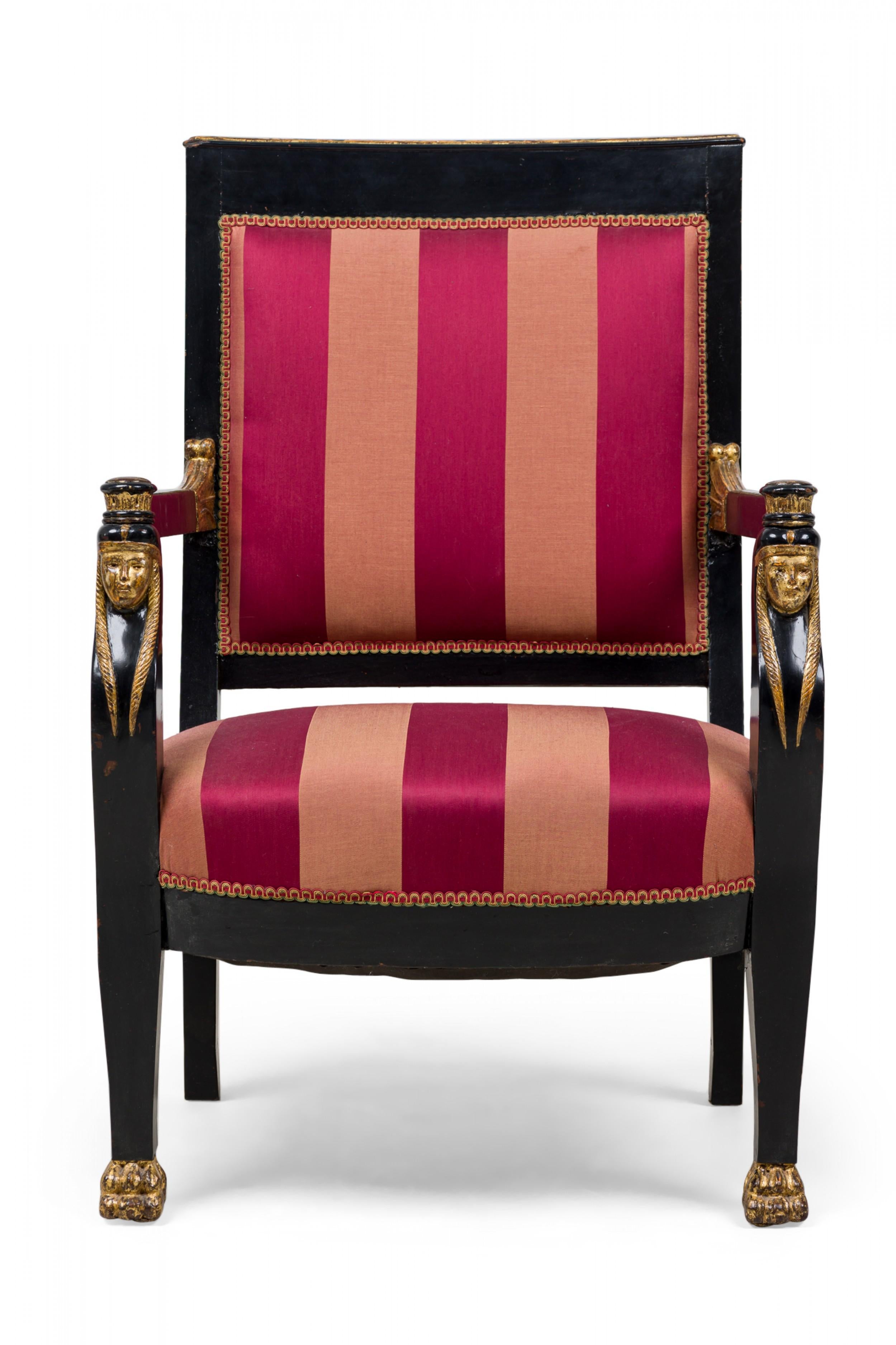 Neoclassical Pair of Italian Neo-Classic Ebonized and Parcel-Gilt Red Upholstered Armchairs For Sale