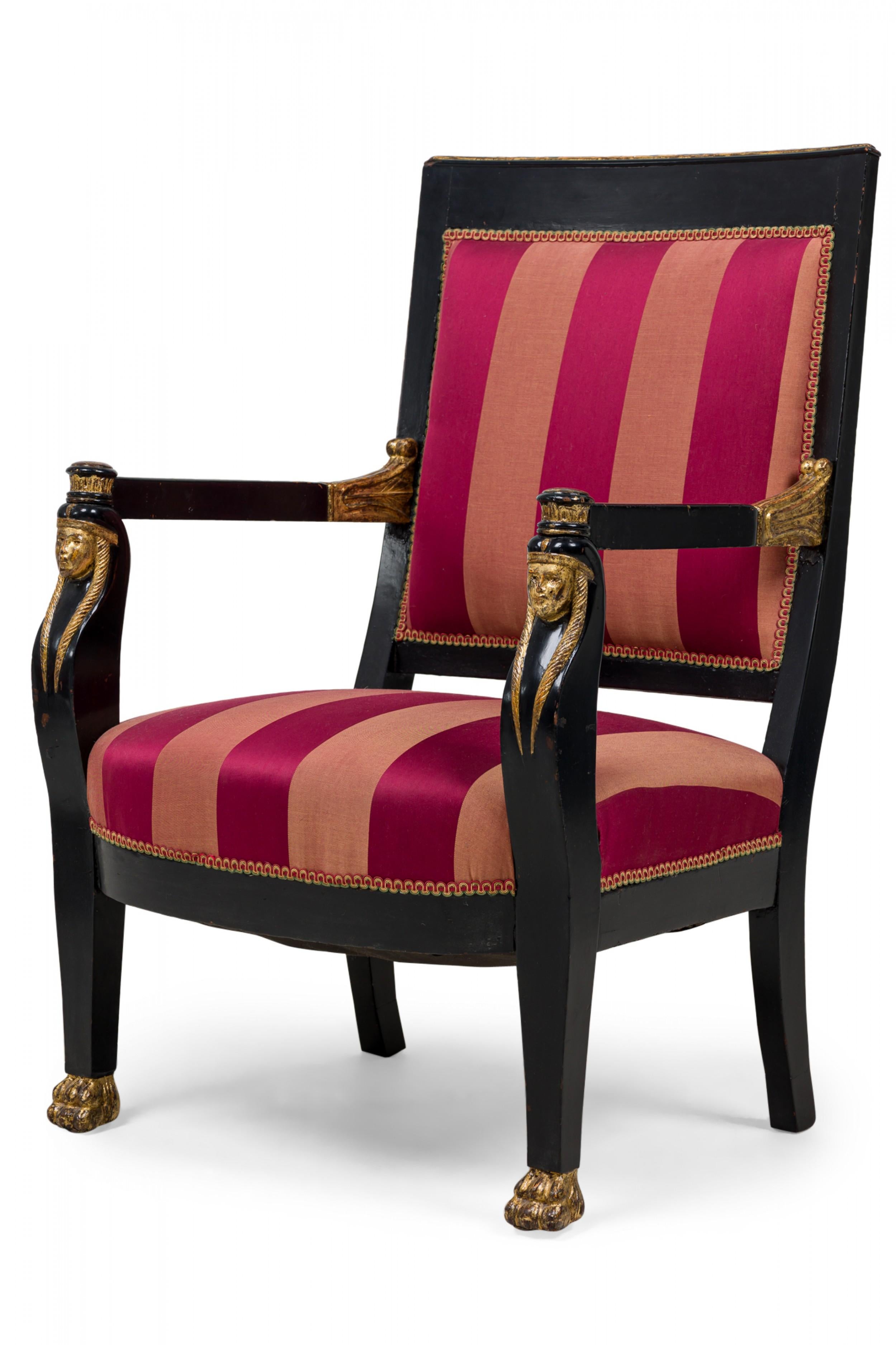 Painted Pair of Italian Neo-Classic Ebonized and Parcel-Gilt Red Upholstered Armchairs For Sale