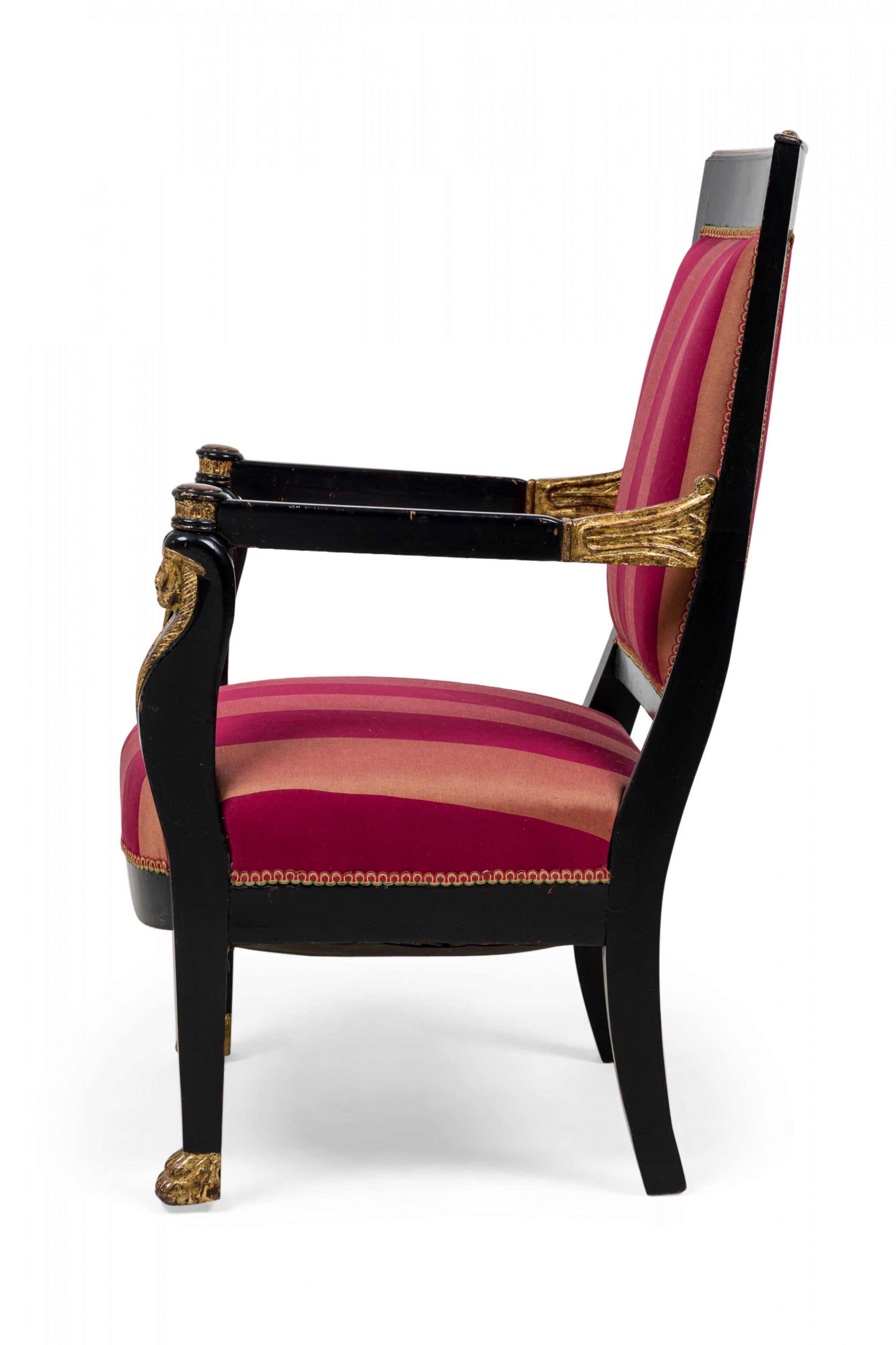 Pair of Italian Neo-Classic Ebonized and Parcel-Gilt Red Upholstered Armchairs In Good Condition For Sale In New York, NY