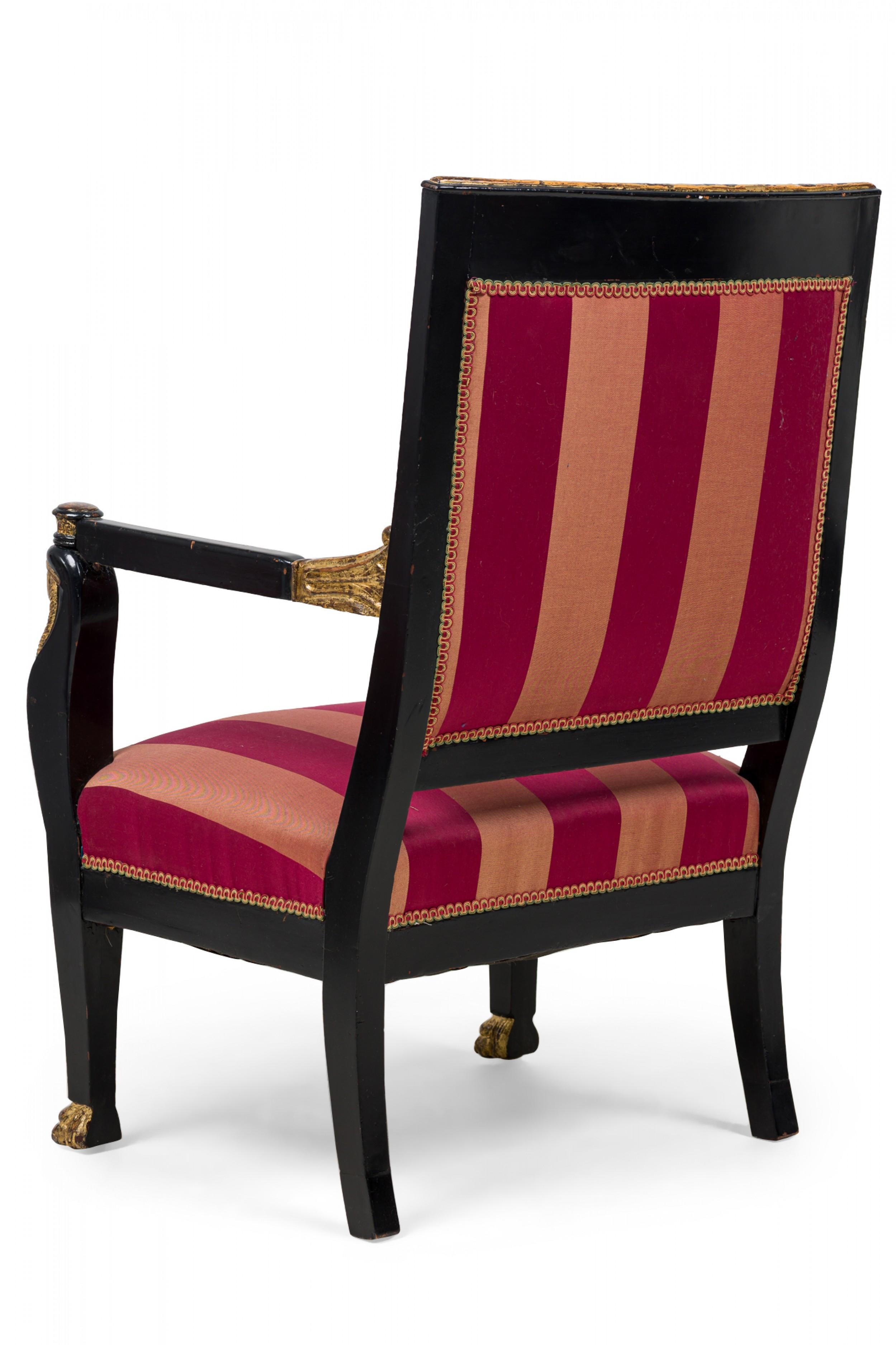 18th Century and Earlier Pair of Italian Neo-Classic Ebonized and Parcel-Gilt Red Upholstered Armchairs For Sale