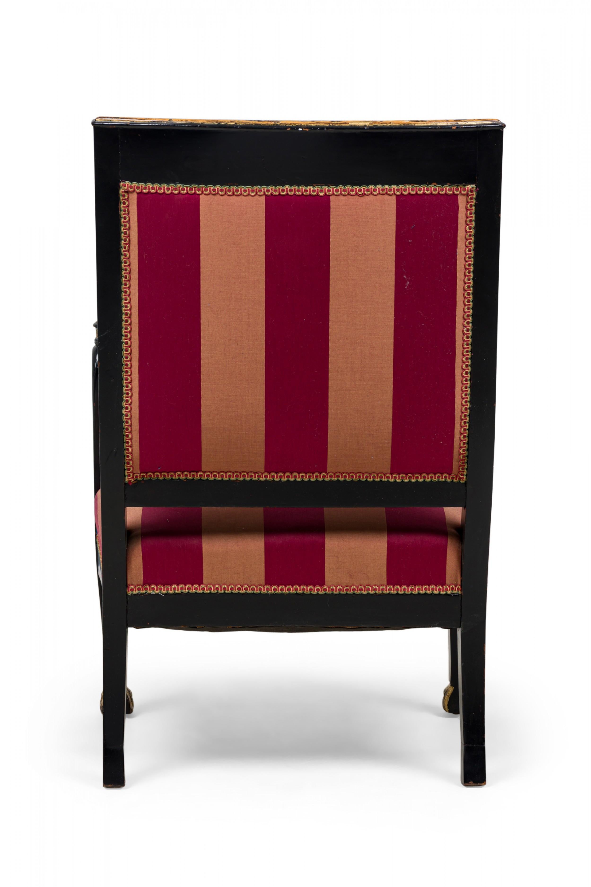 Wood Pair of Italian Neo-Classic Ebonized and Parcel-Gilt Red Upholstered Armchairs For Sale