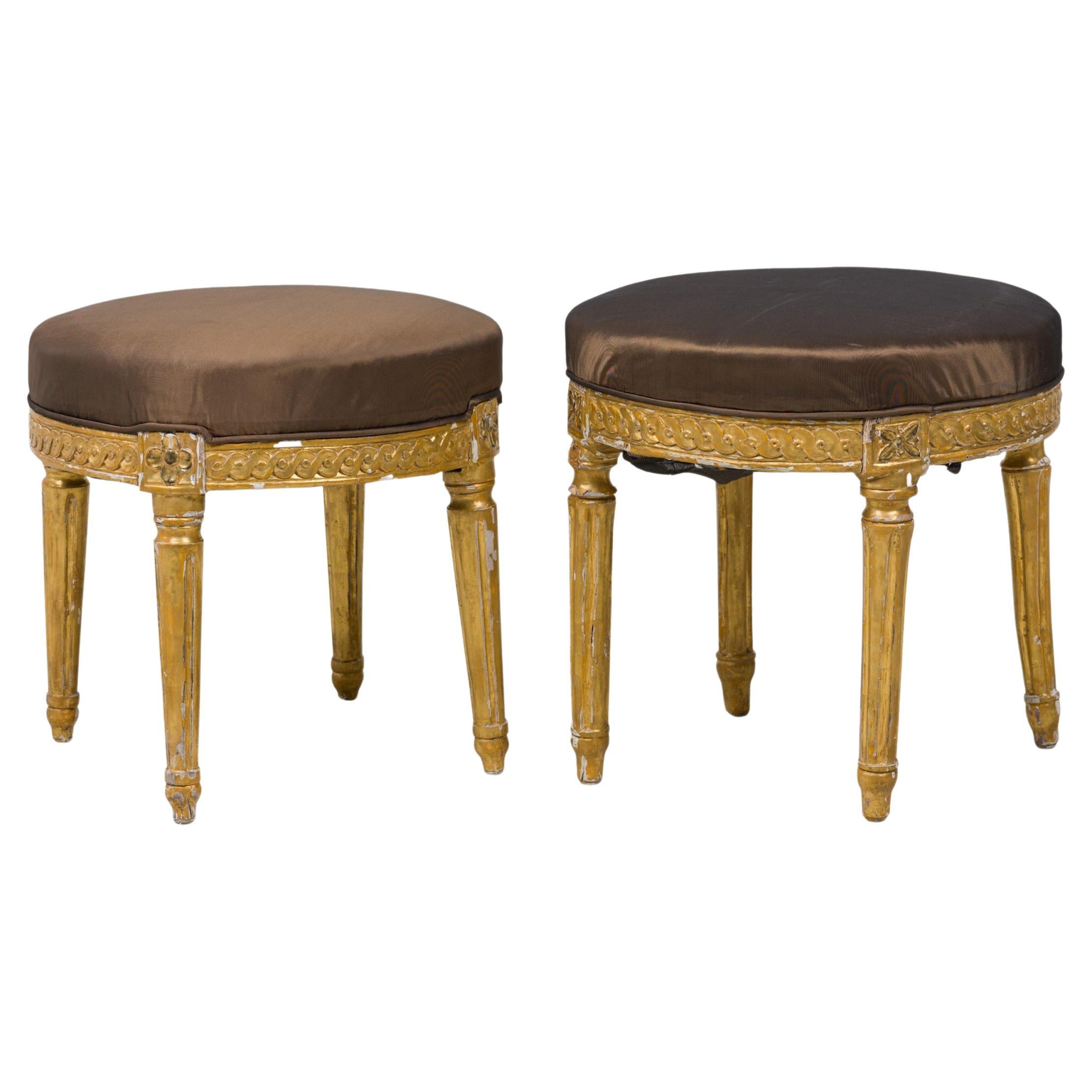 Pair of Italian Neo-Classic Giltwood Upholstered Taborets / Benches / Stools For Sale