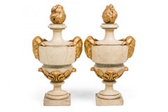 Pair of Italian Neo-classic Parcel Gilt Painted Wood Flame Finial Decorative Urn