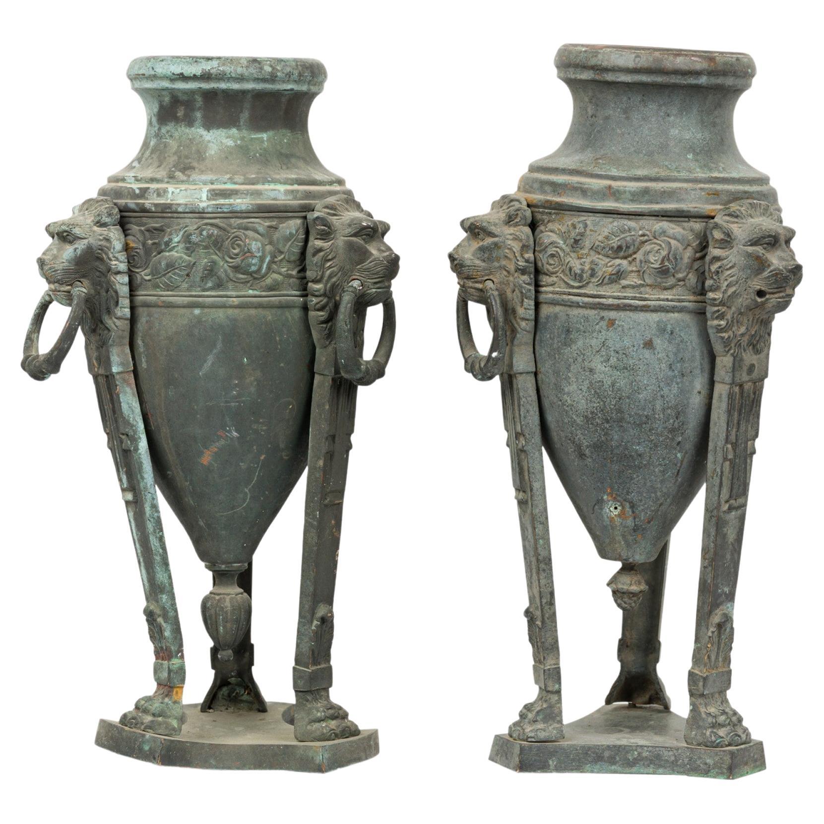Pair of Italian Neoclassic Patinated Bronze Athenienne Form Urns For Sale