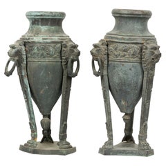 Antique Pair of Italian Neoclassic Patinated Bronze Athenienne Form Urns