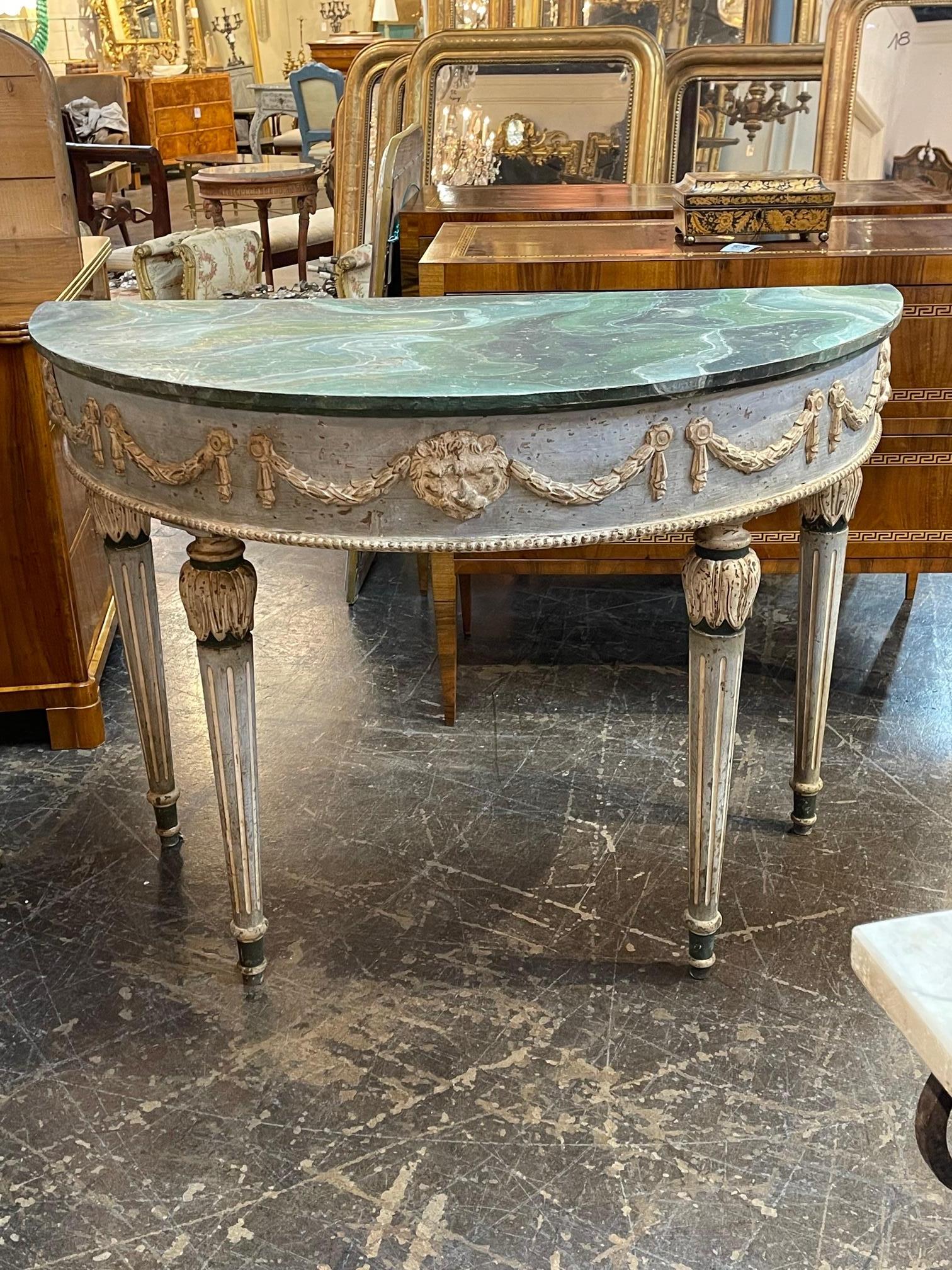 Neoclassical Pair of Italian Neo Classical Carved and Painted Demi Lune Consoles