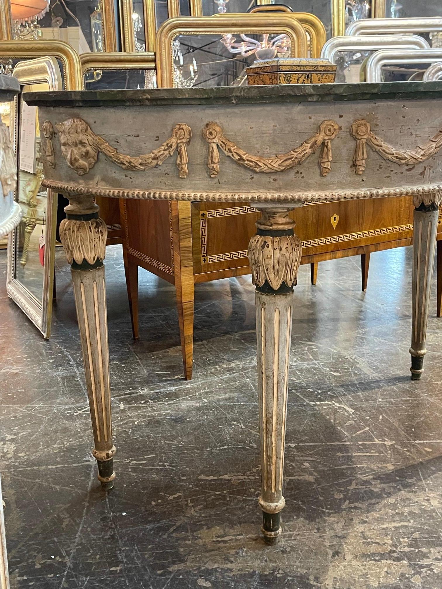 Pair of Italian Neo Classical Carved and Painted Demi Lune Consoles 1