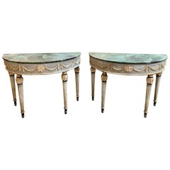 Pair of Italian Neo Classical Carved and Painted Demi Lune Consoles