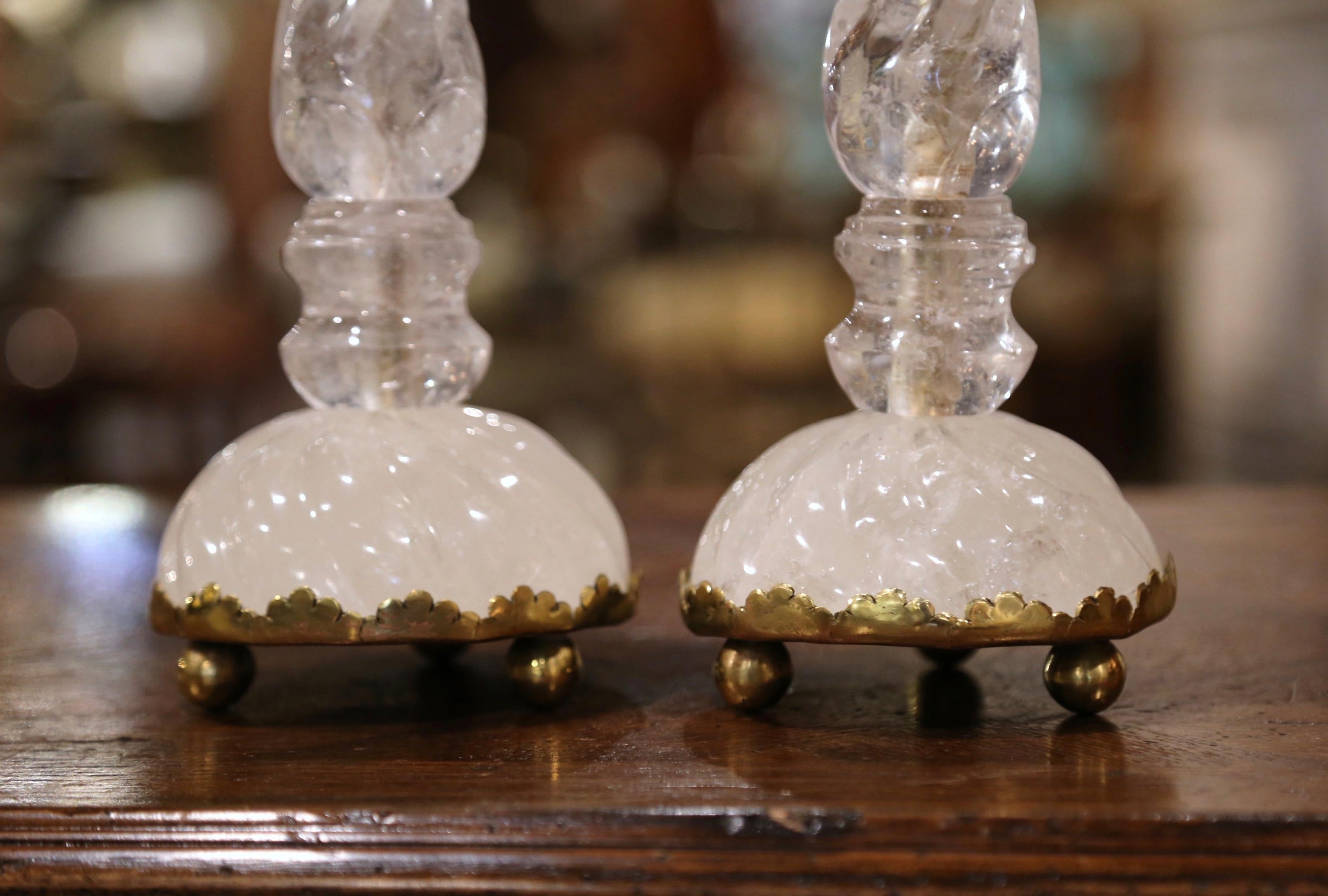 Hand-Carved Pair of Italian Neoclassical Carved Rock Crystal Candlesticks on Brass Base