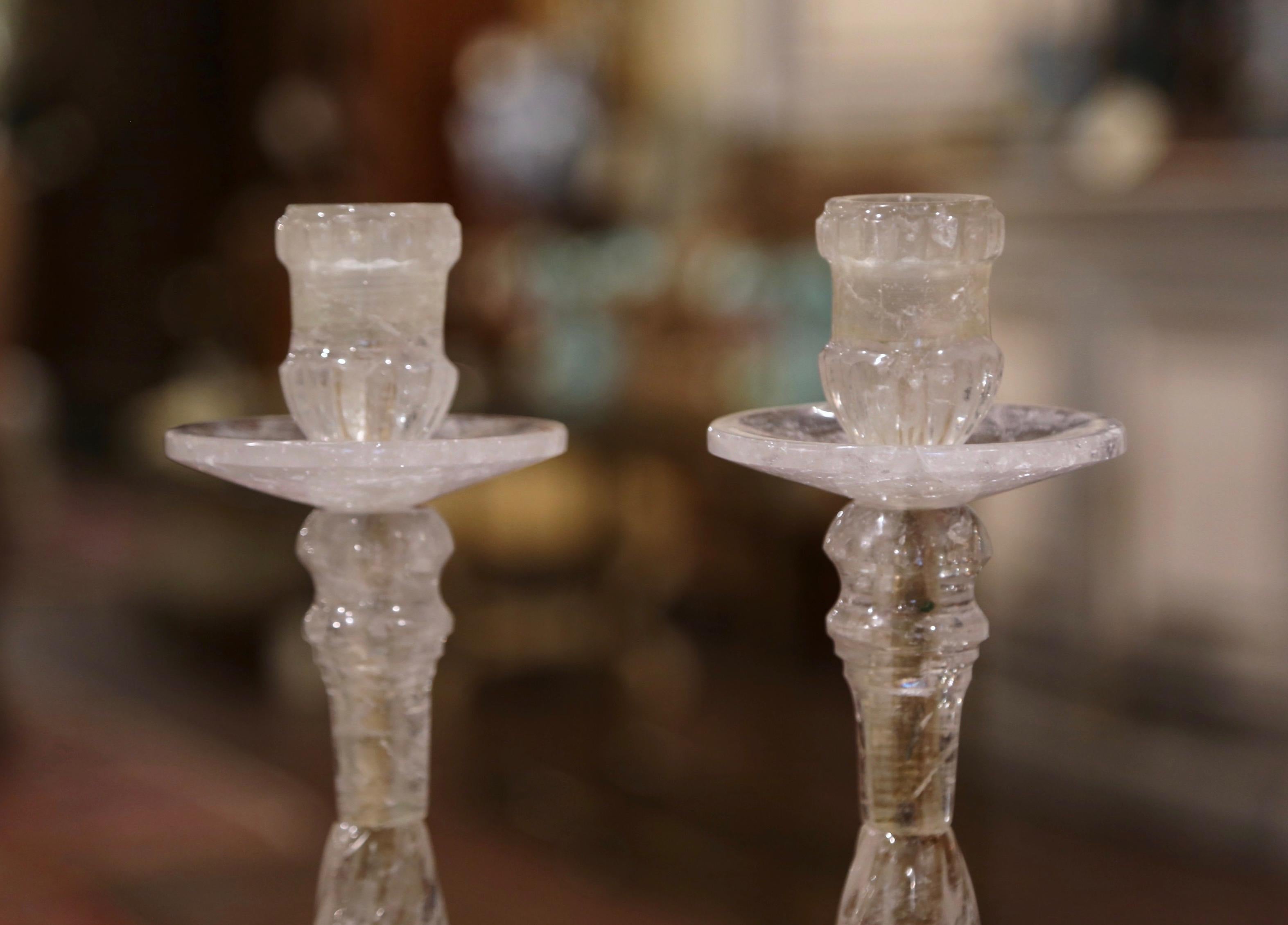 Pair of Italian Neoclassical Carved Rock Crystal Candlesticks on Brass Base In Excellent Condition In Dallas, TX