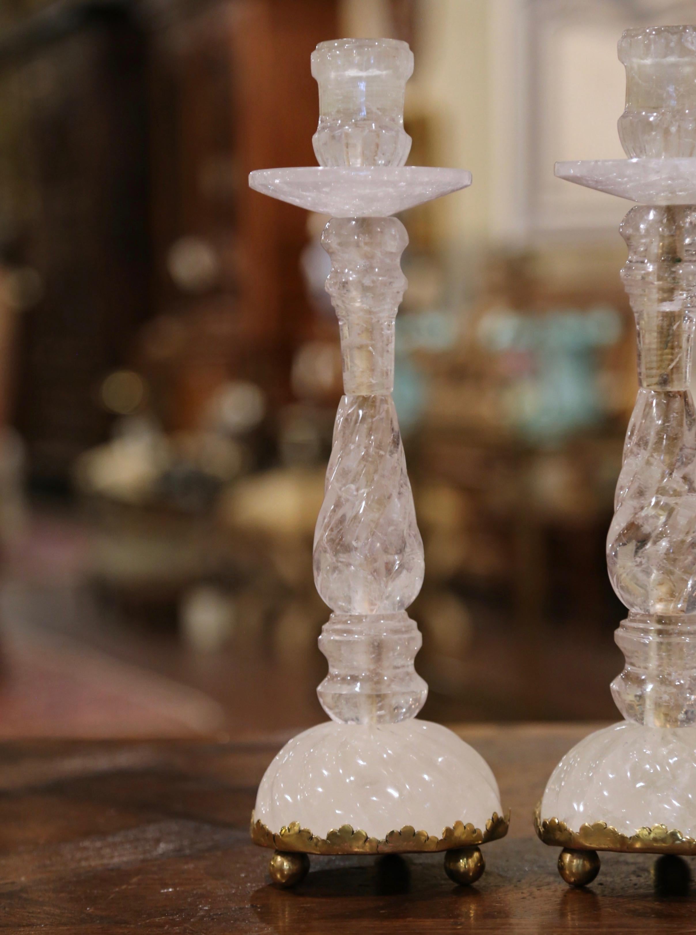 Pair of Italian Neoclassical Carved Rock Crystal Candlesticks on Brass Base 1