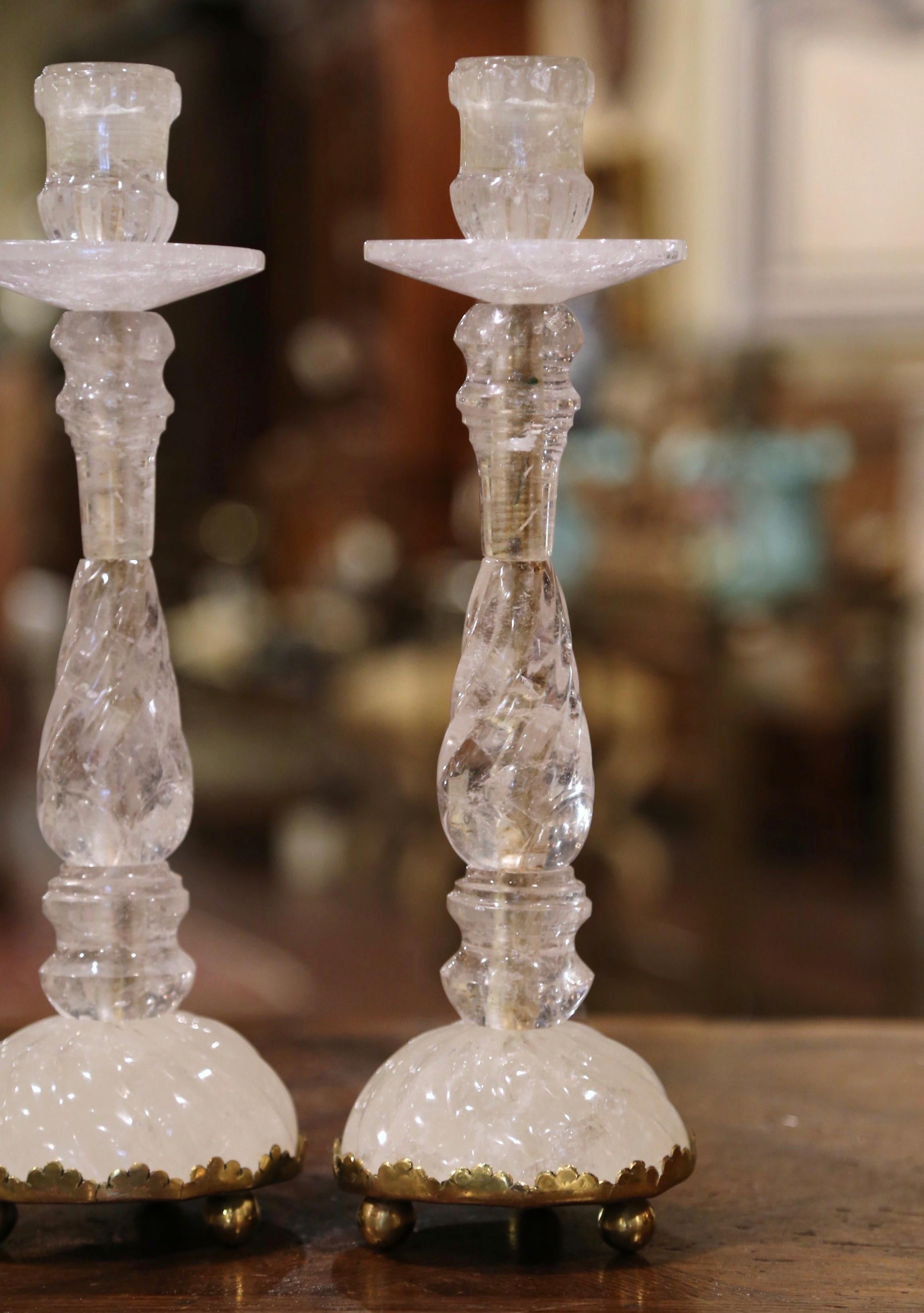 Pair of Italian Neoclassical Carved Rock Crystal Candlesticks on Brass Base 2