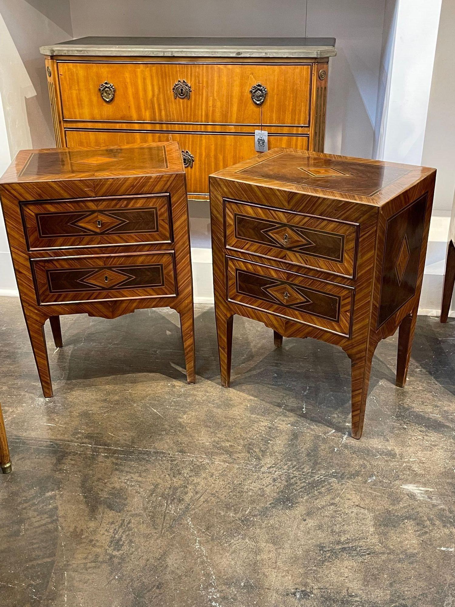 Handsome pair of Italian neo-classical exotic veneer diamond inlay side tables. Circa 1890. Perfect for today's transitional designs!