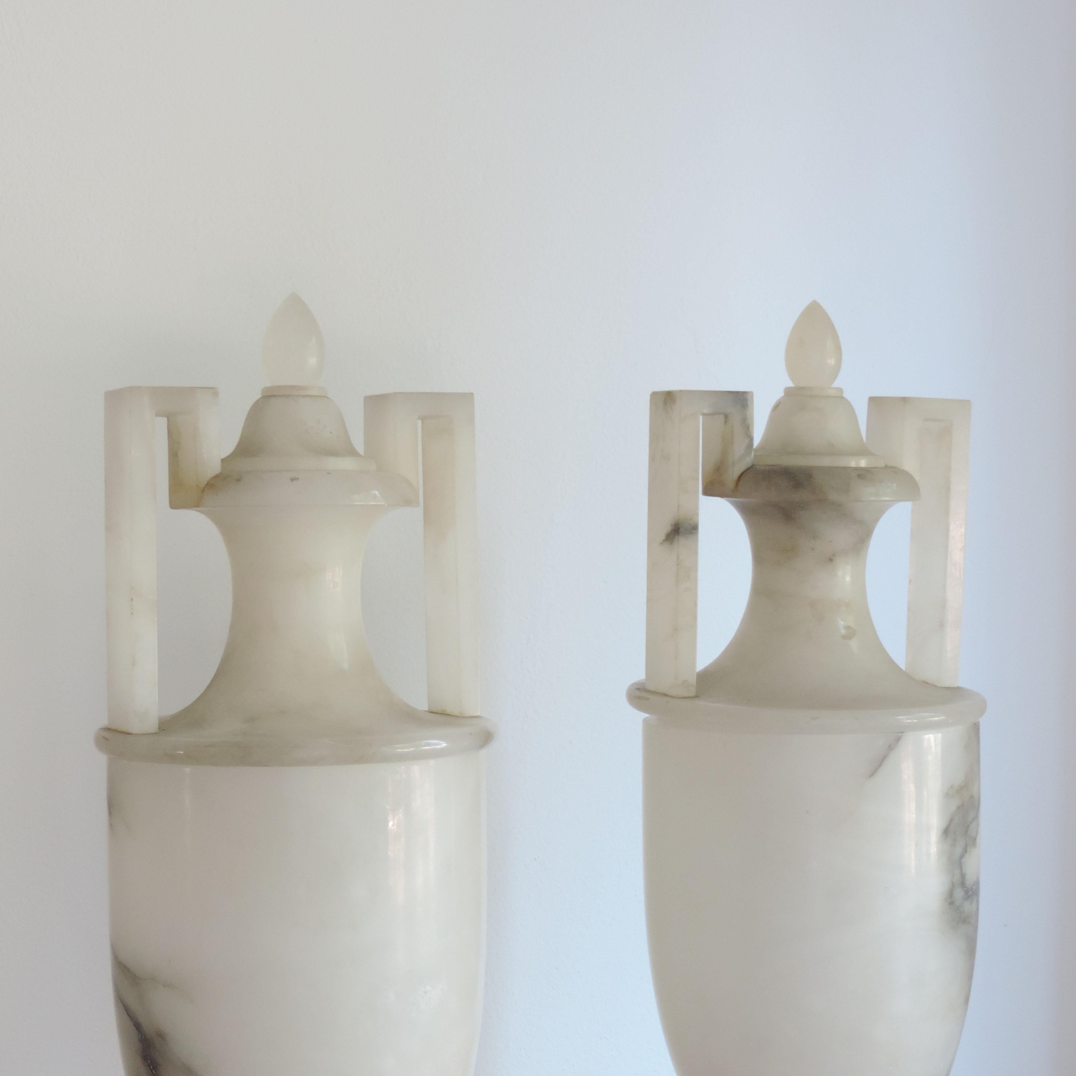 Monumental Pair of Italian Neo-Classical Style Art Deco 1920s Alabaster Urn Table Lamps.
Beautifully crafted and amazing when lit.