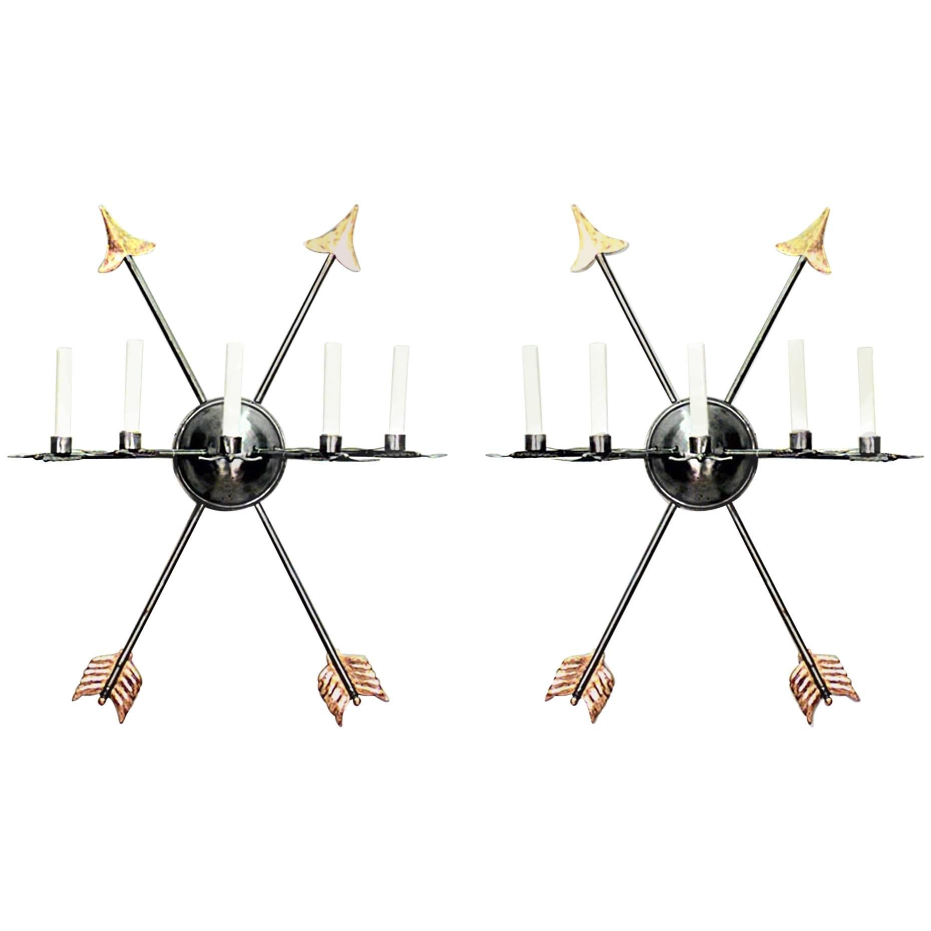 Pair of Italian Neoclassic Style Steel Crossed Arrow Wall Sconces For Sale