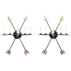 Antique Pair of Italian Neoclassic Style Steel Crossed Arrow Wall Sconces