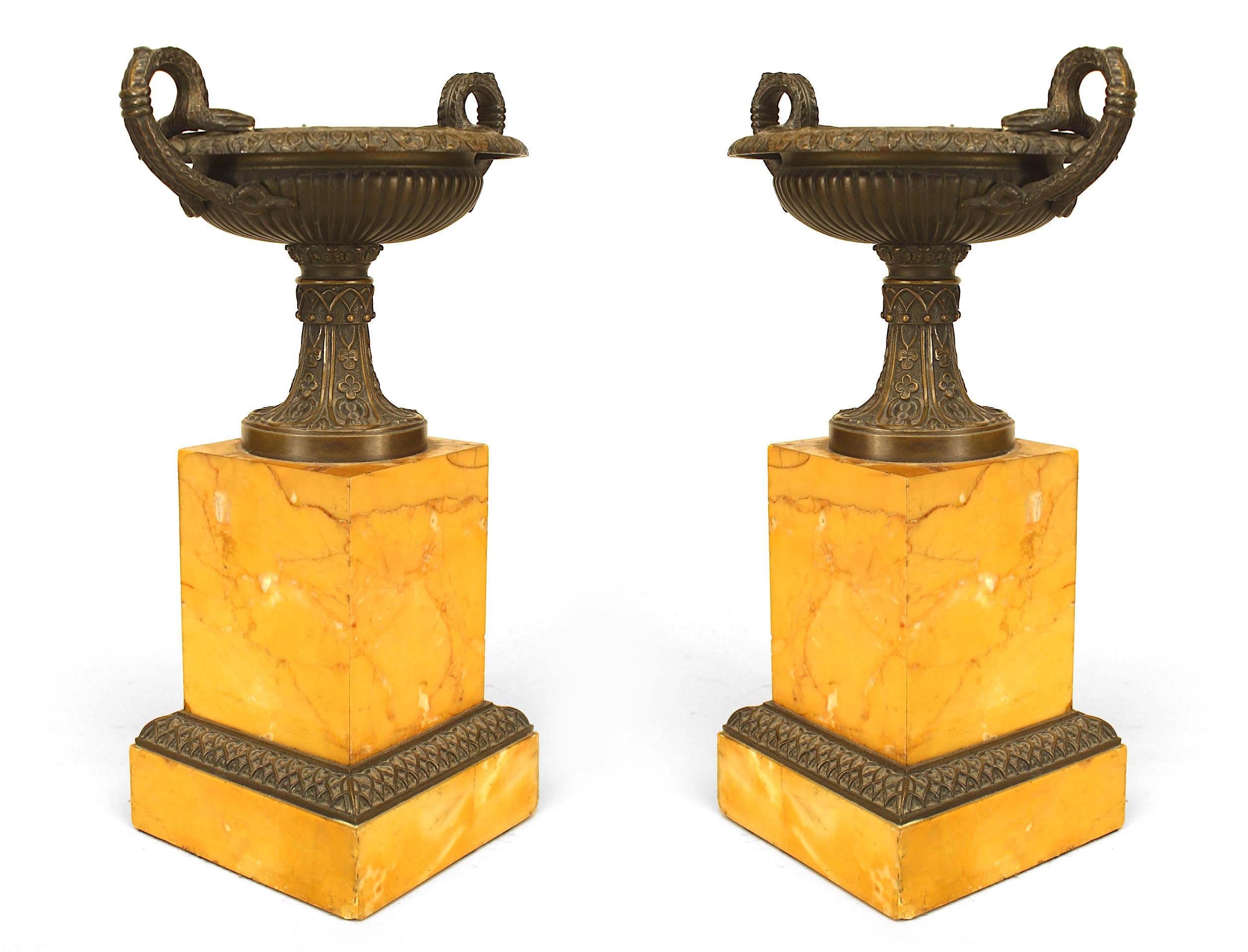 Neoclassical Pair of Italian Neoclassic Bronze Urns on Marble Bases For Sale
