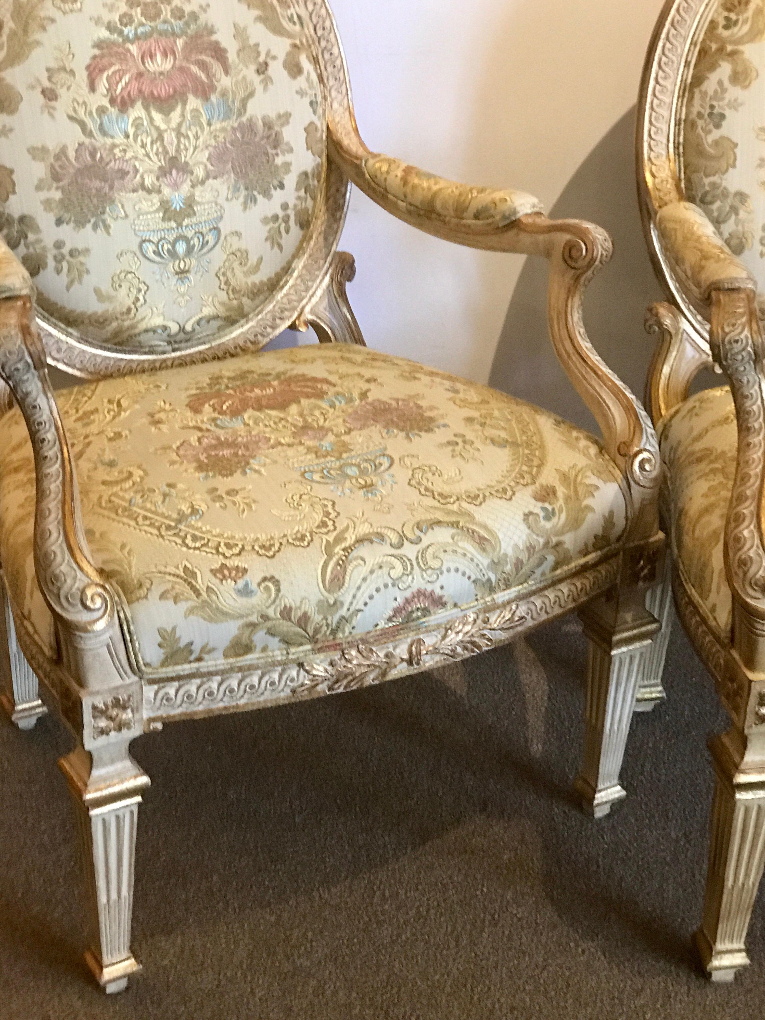 Pair of Italian Neoclassic Carved Giltwood Armchairs In Good Condition For Sale In Atlanta, GA