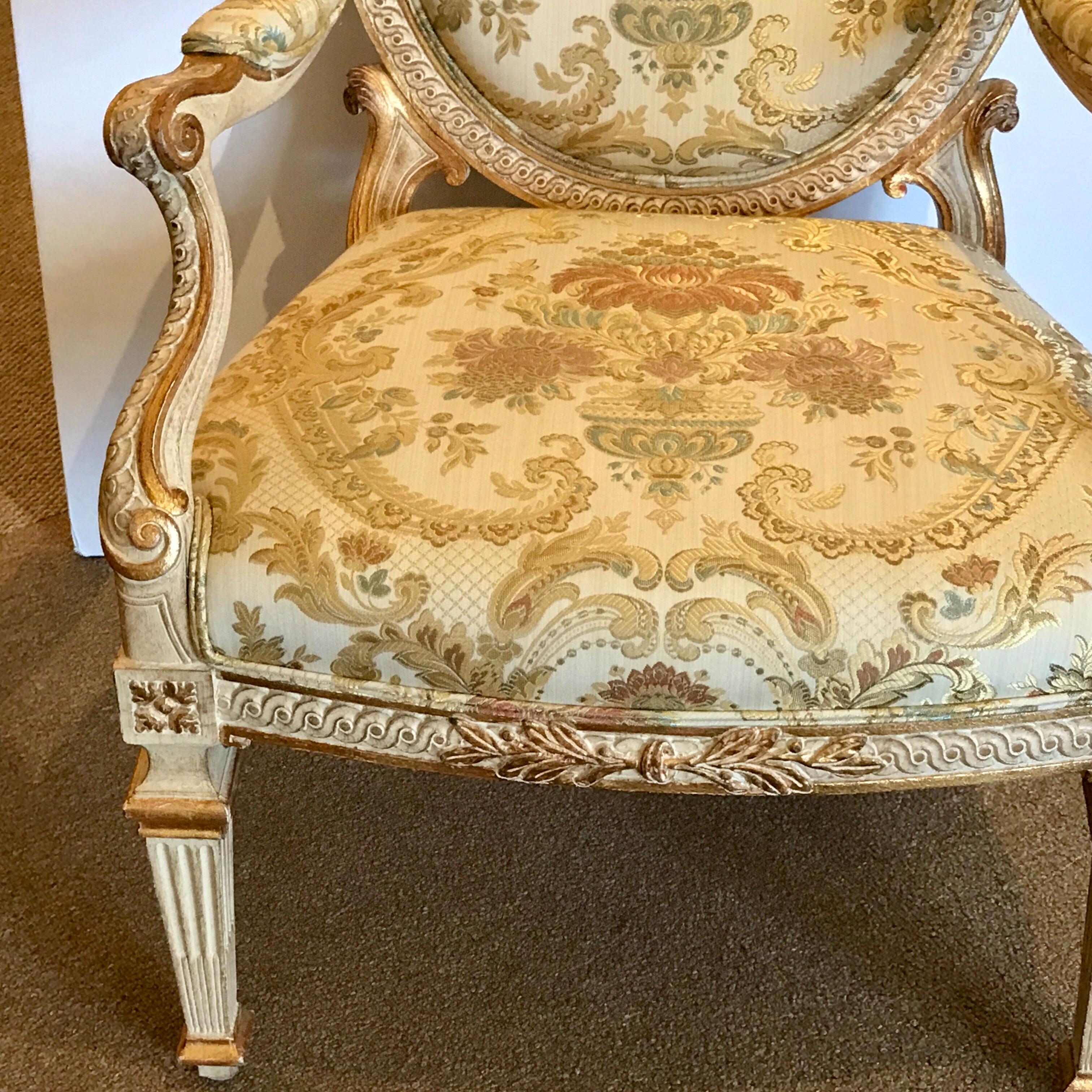 Upholstery Pair of Italian Neoclassic Carved Giltwood Armchairs For Sale