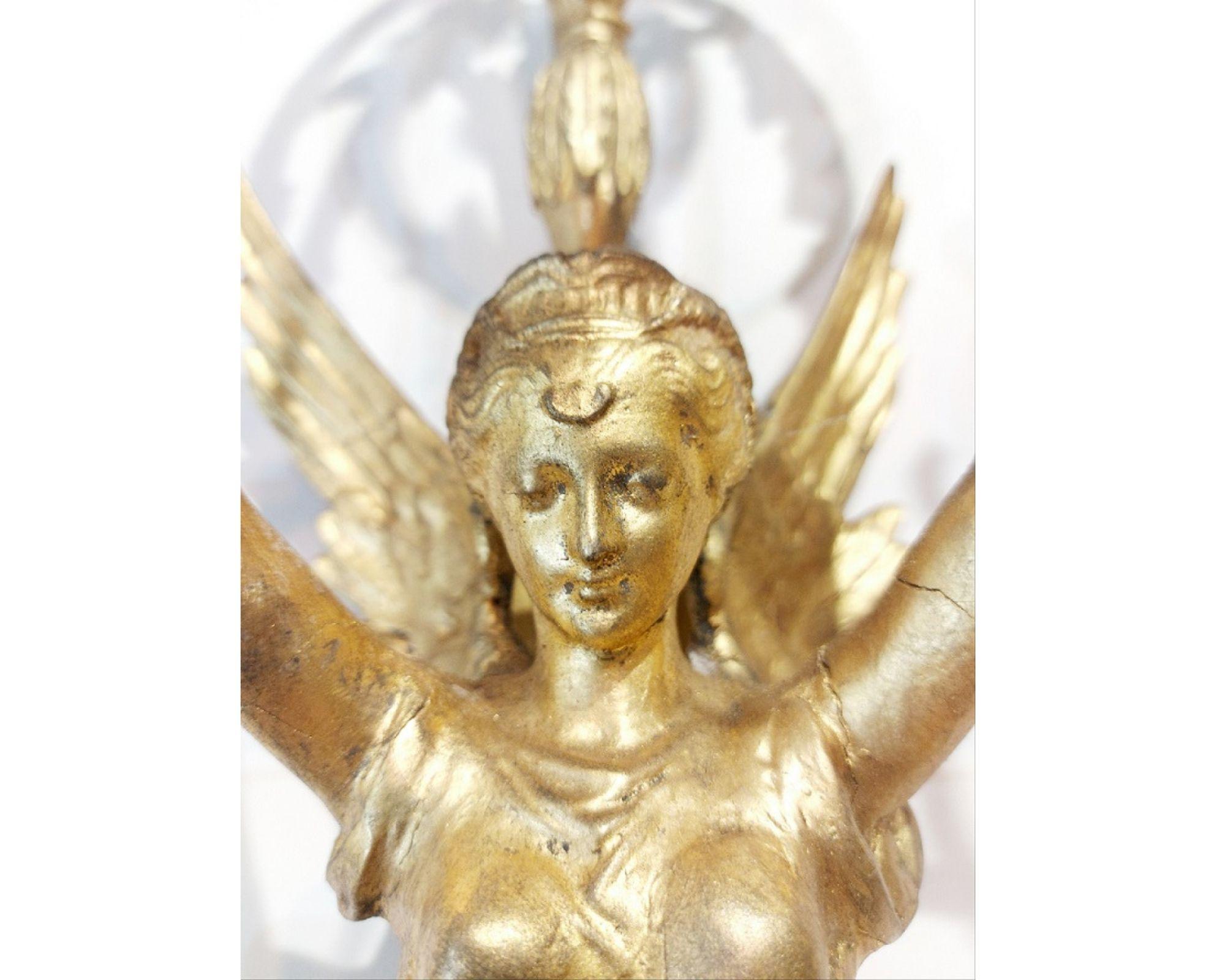Pair of Italian neo-classic Empire Giltwood 3 light wall sconces with centered classical winged female figure.