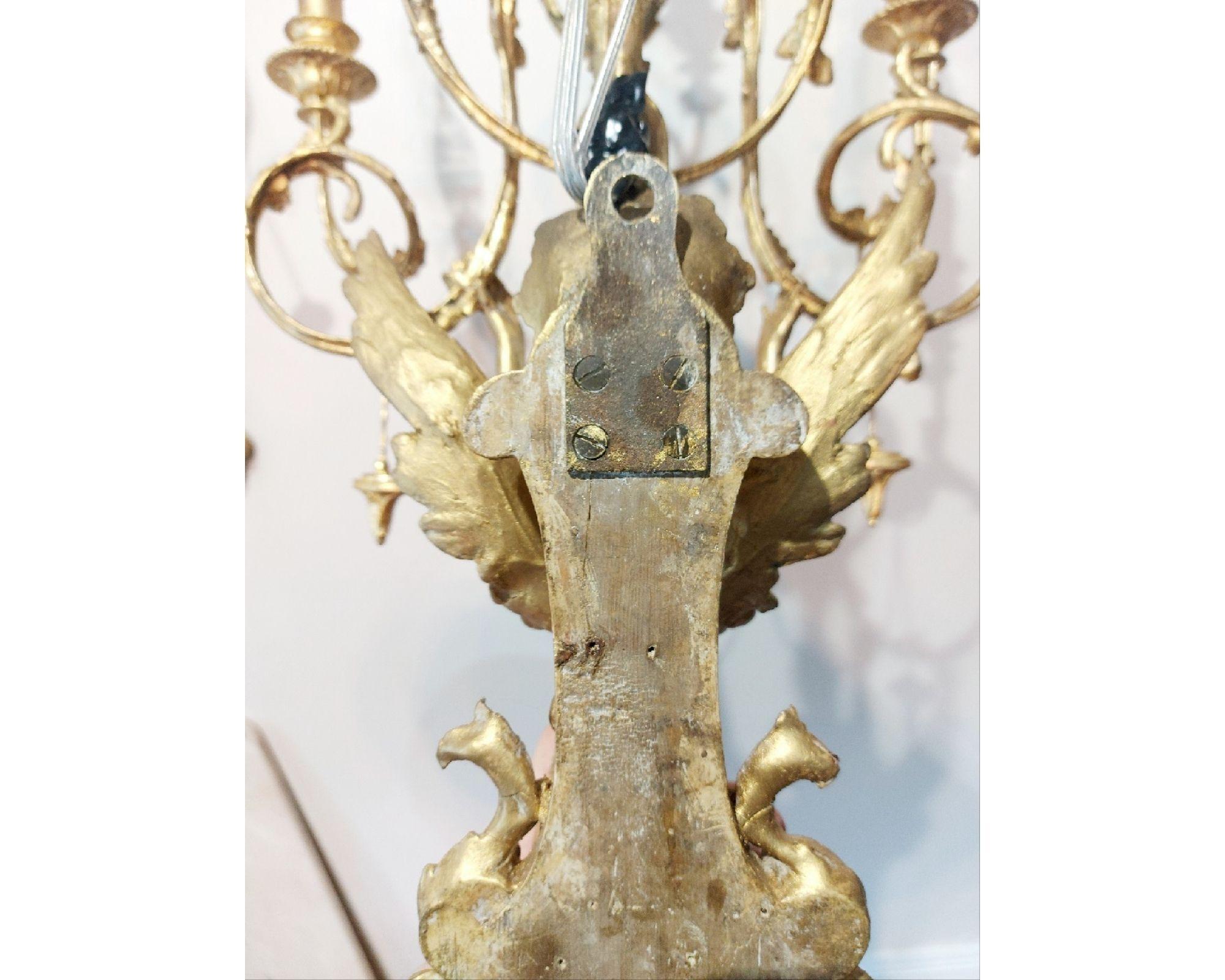 Pair of Italian Neoclassic Empire Gilt Wood Wall Sconces For Sale 2