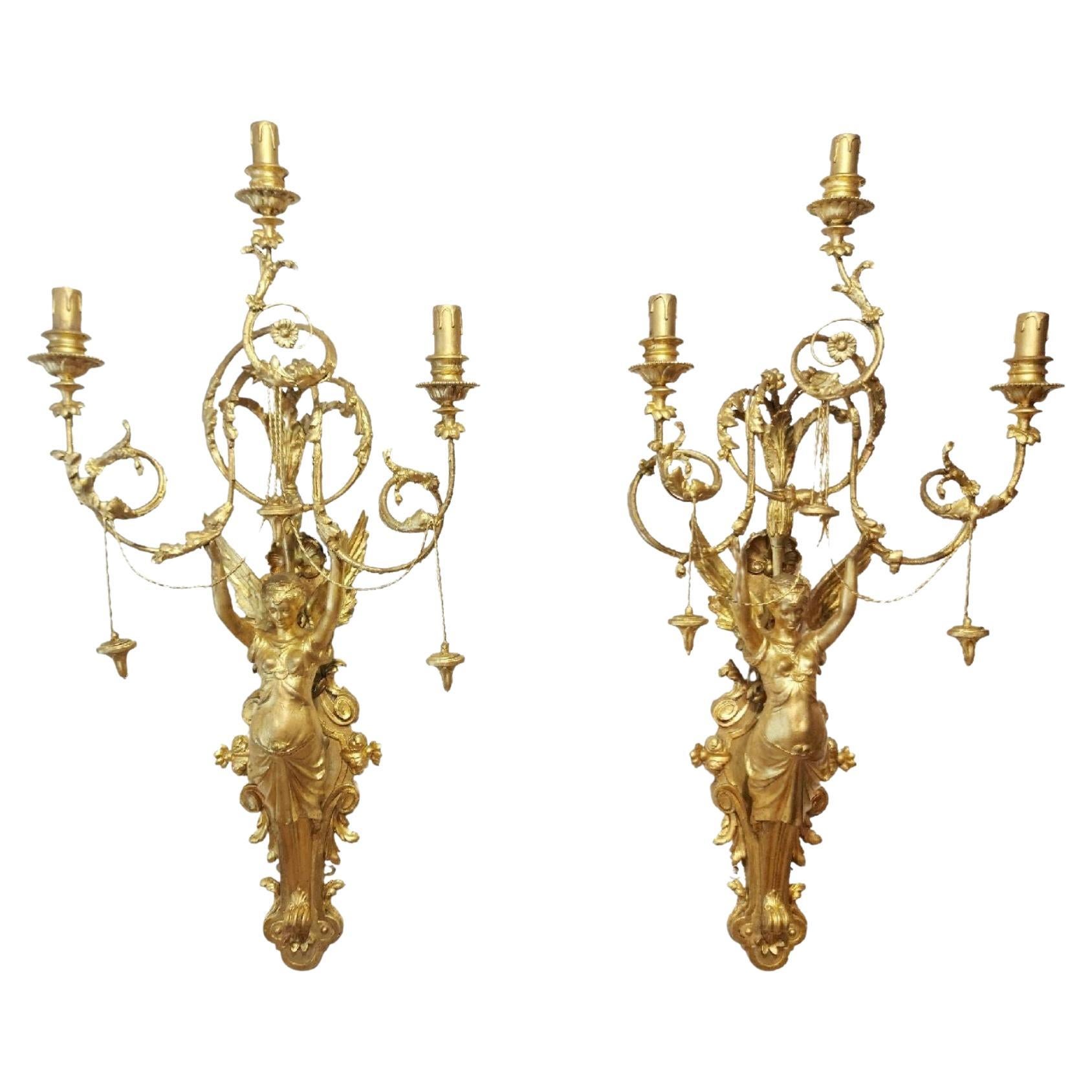 Pair of Italian Neoclassic Empire Gilt Wood Wall Sconces For Sale