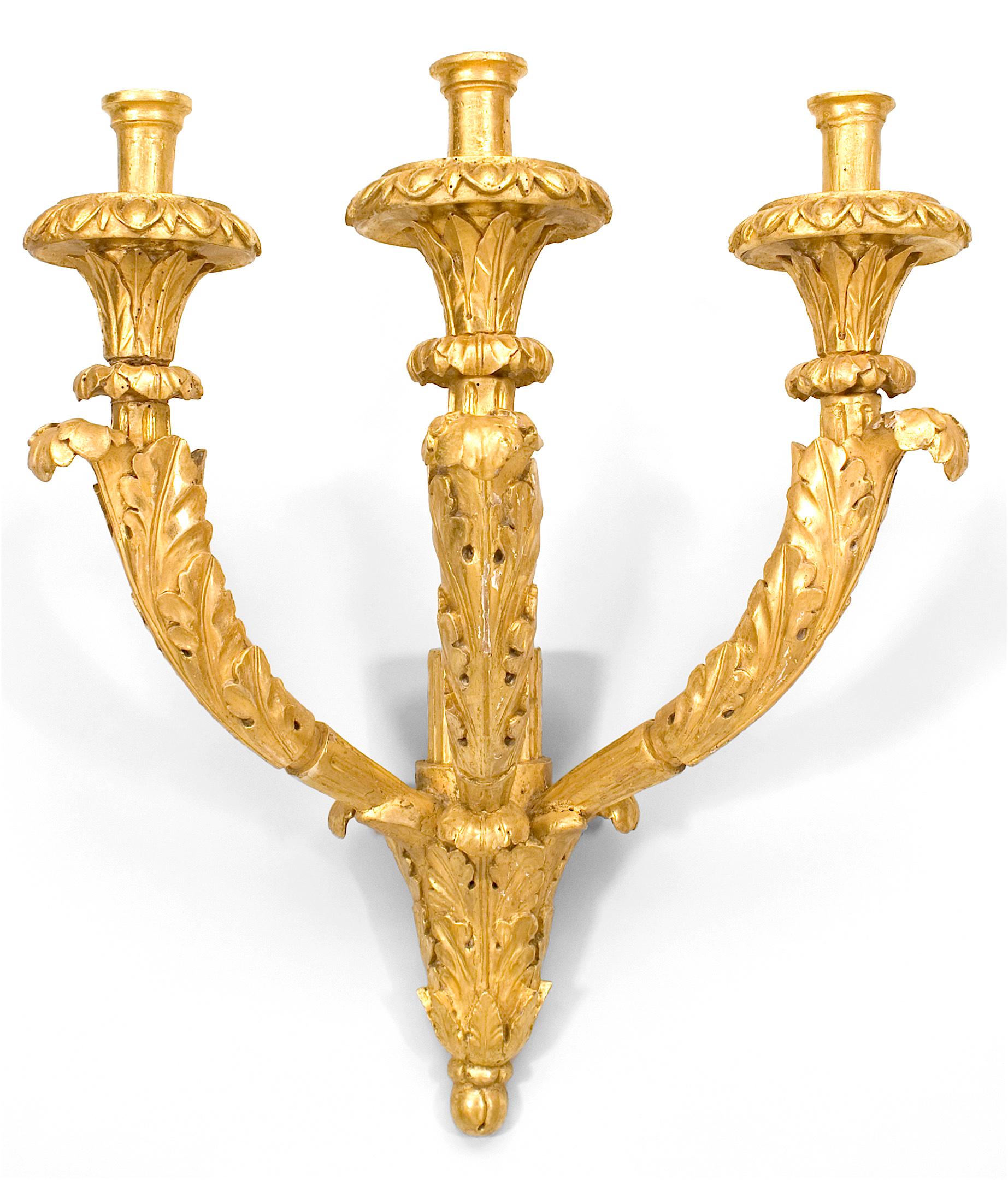 COPPIA di applique neoclassiche italiane (XIX secolo) in legno dorato e intagliato a fiori con 3 bracci che emanano da una base intagliata a fiori. (PREZZO IN COPPIA)

Condit: Buono; Usura coerente con l'età e l'utilizzo