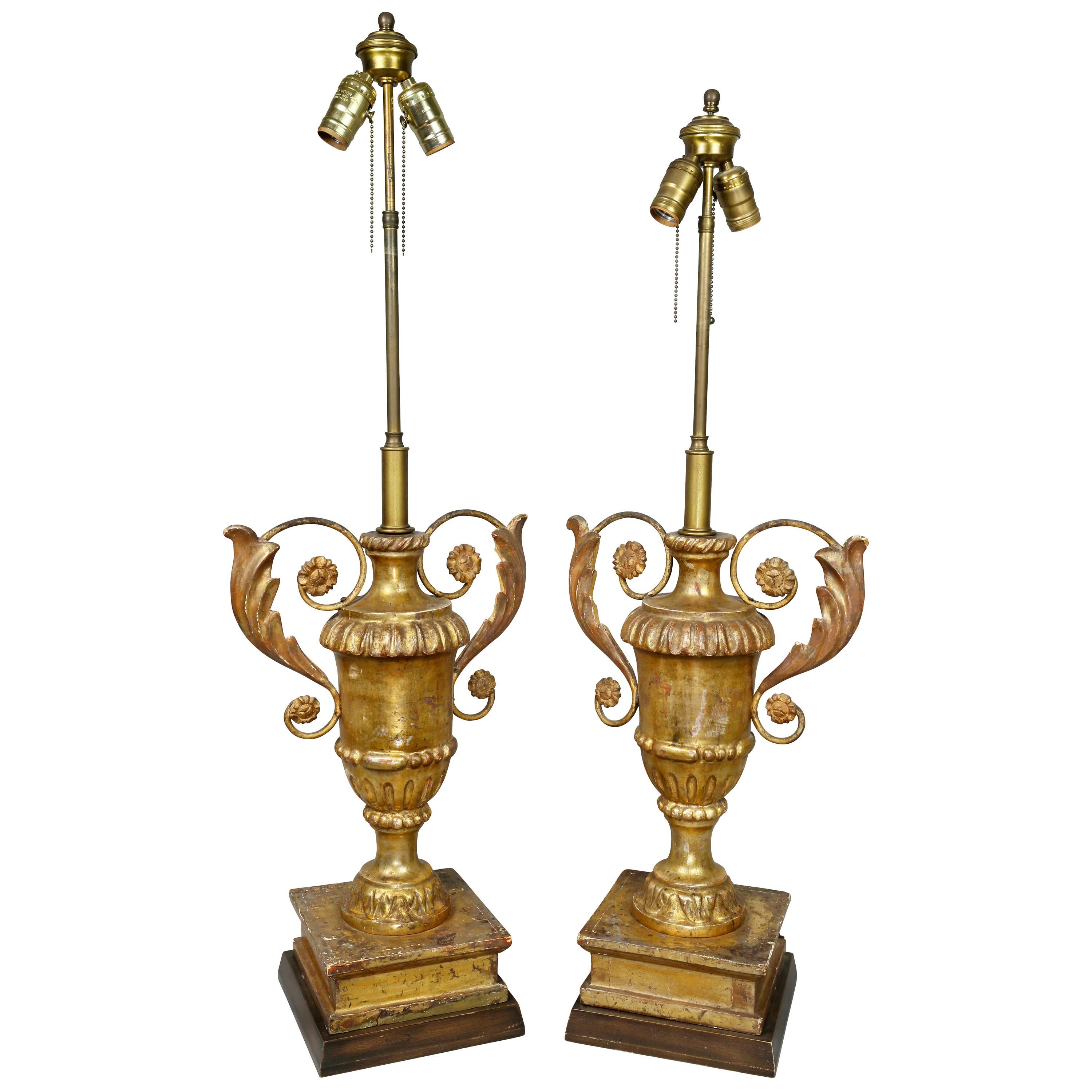 Pair of Italian Neoclassic Giltwood Table Lamps