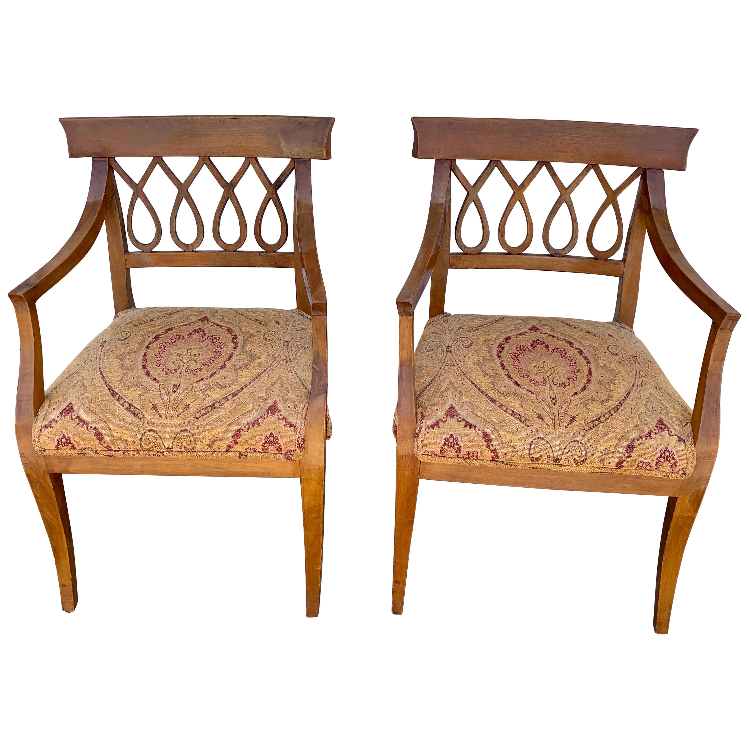 Pair of Italian Neoclassic Olive Wood Armchairs For Sale