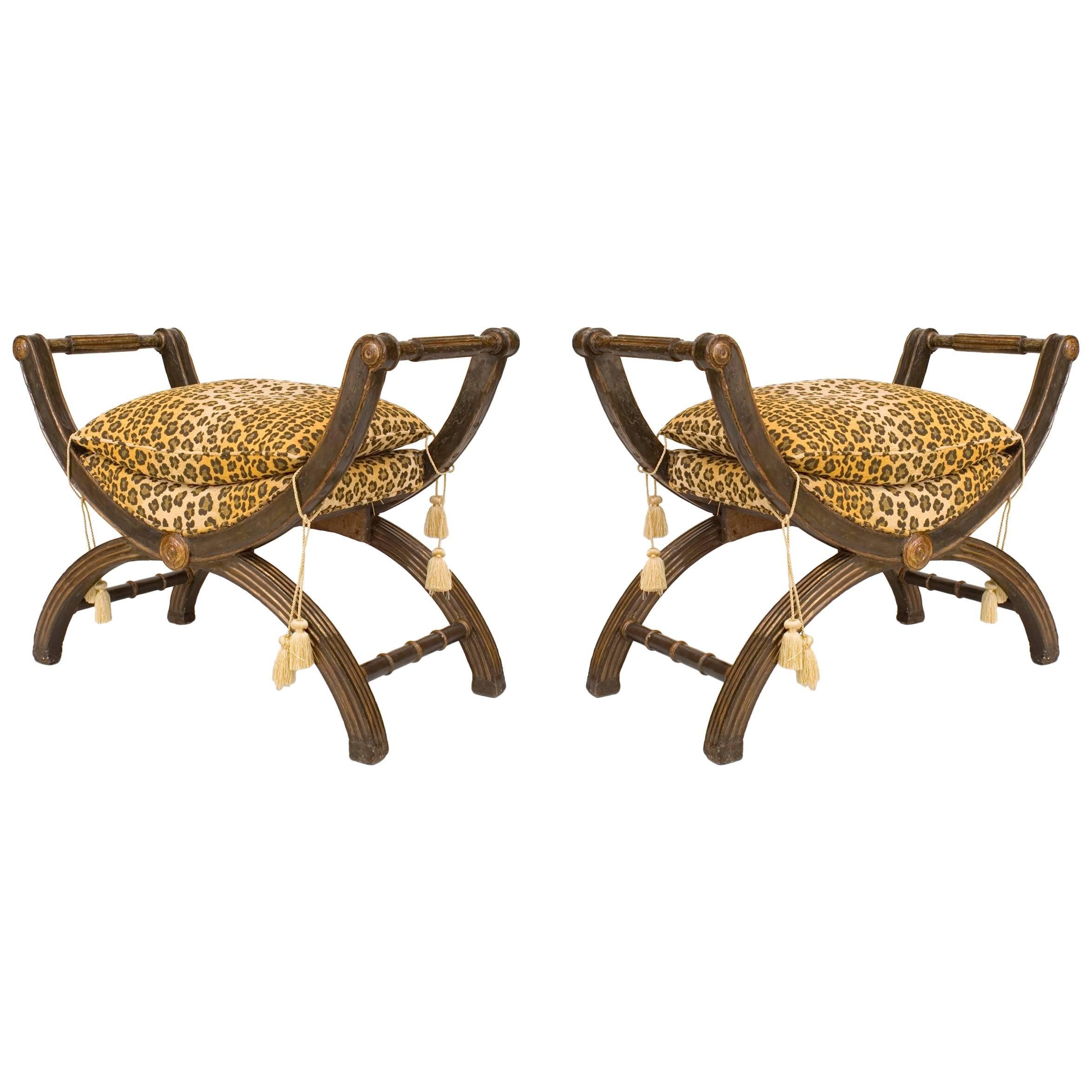 Pair of Italian Neo-Classic Faux Leopard Benches For Sale