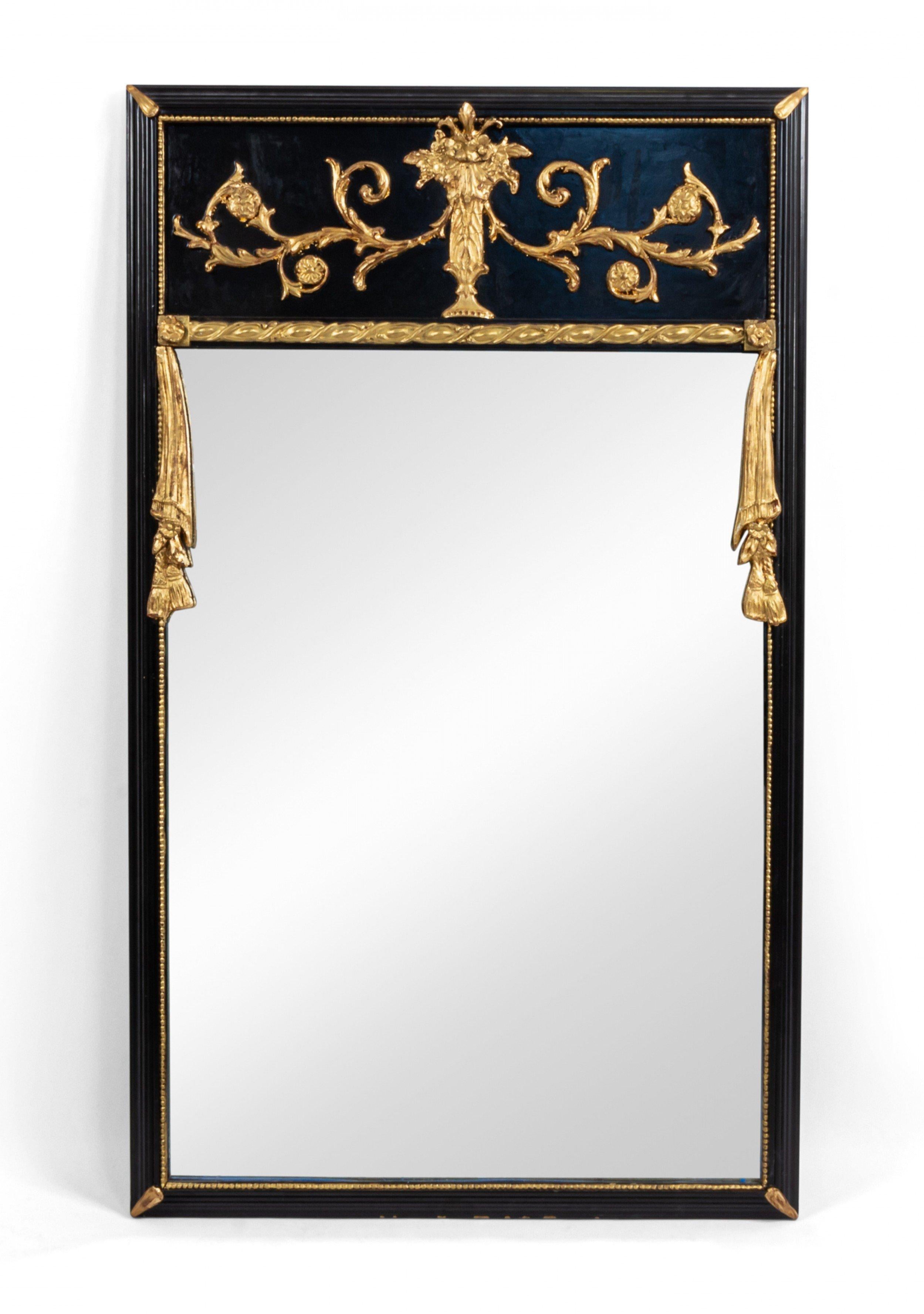 Wood Pair of Italian Neoclassic Style Black Lacquered Vertical Wall Mirrors For Sale