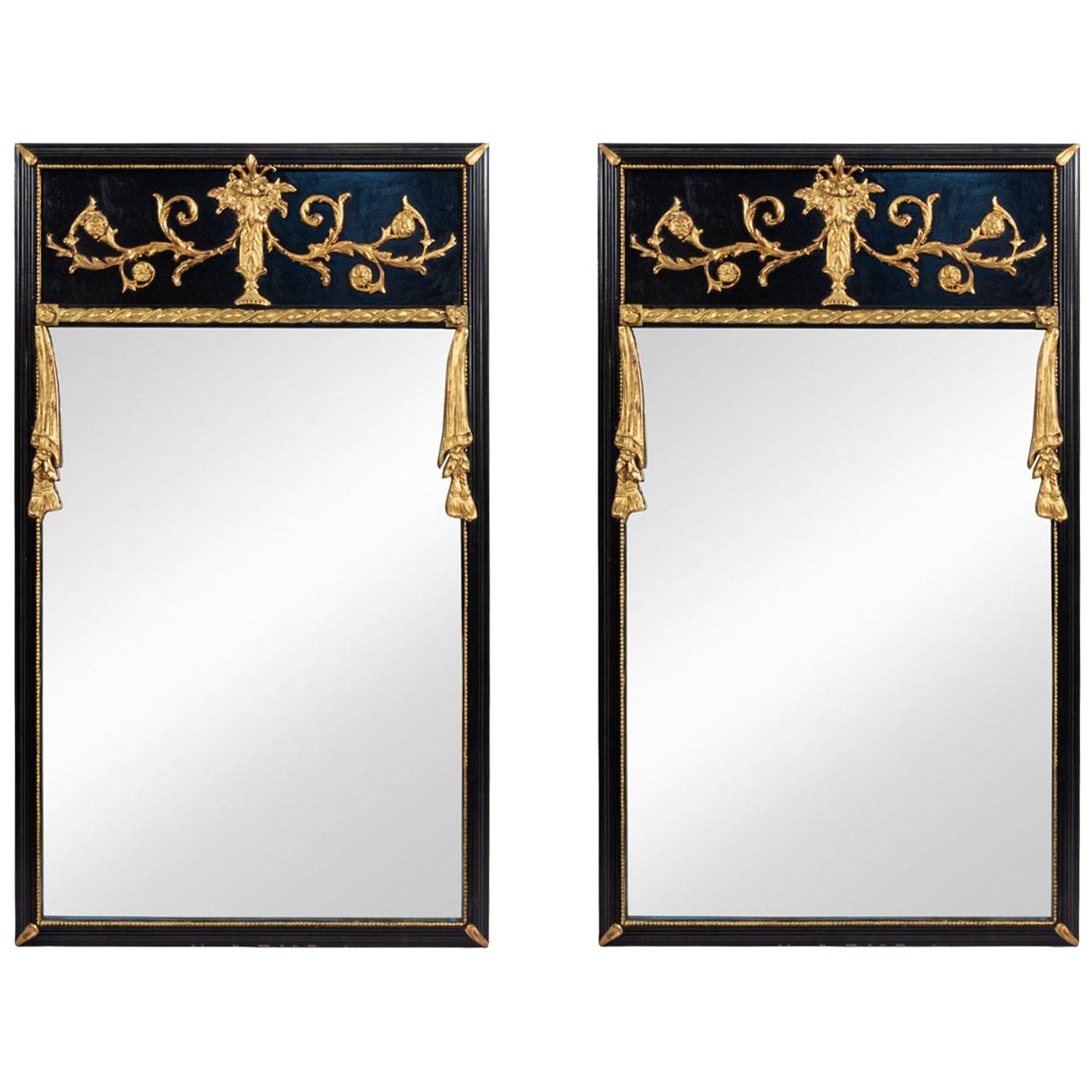 Pair of Italian Neoclassic Style Black Lacquered Vertical Wall Mirrors