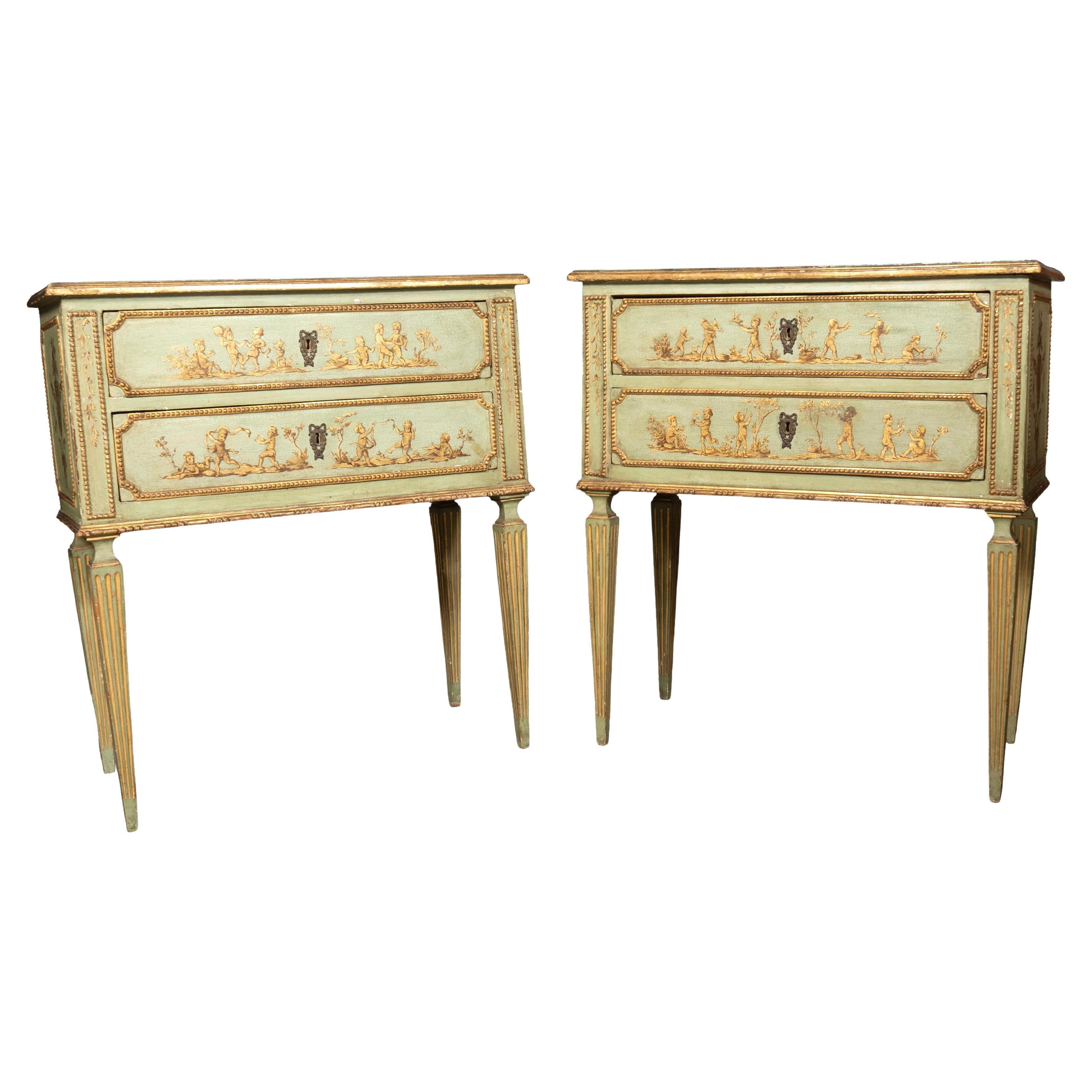Pair Of Italian Neoclassic Style Painted Petit Commodes For Sale