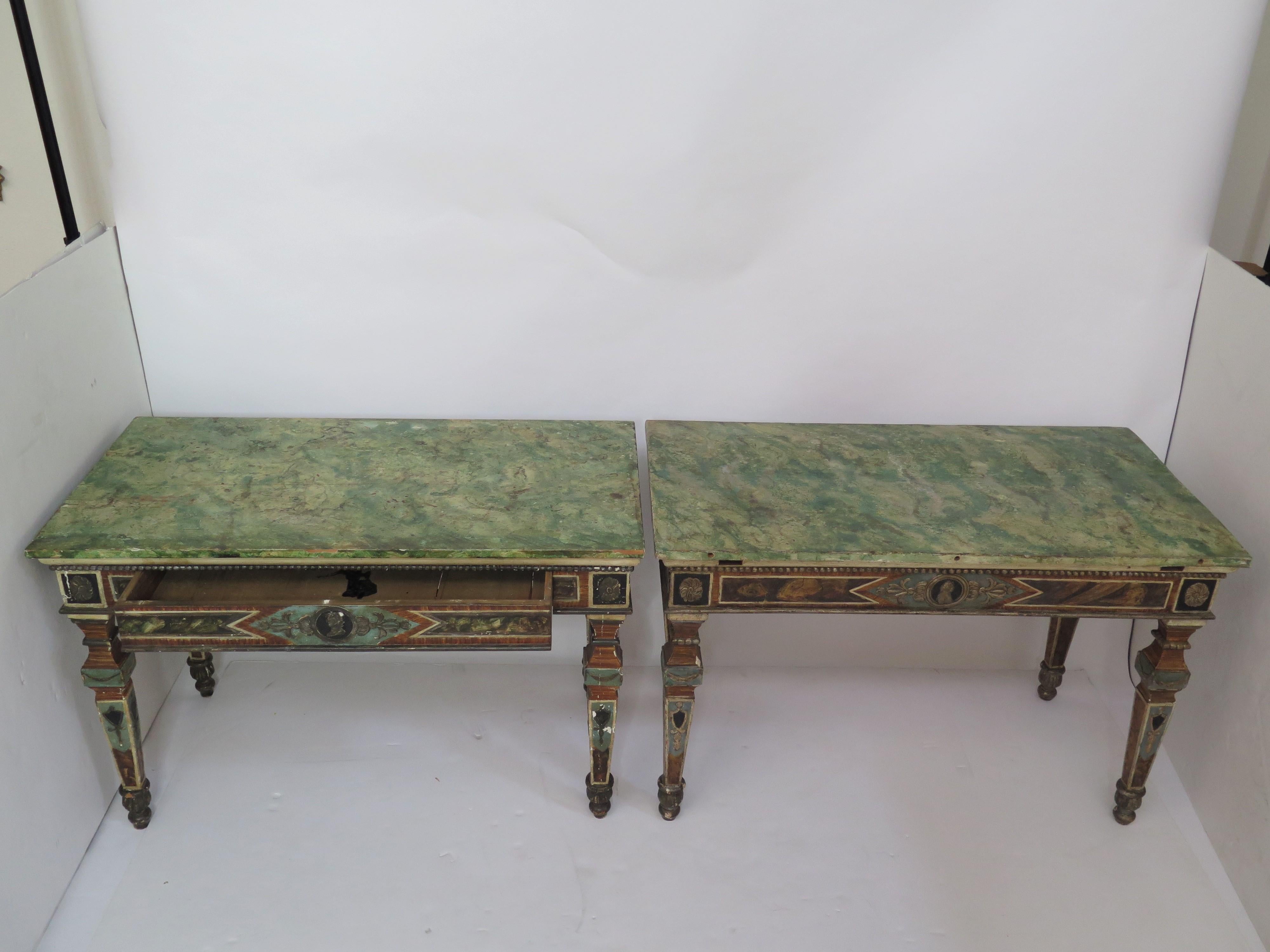 Pair of Italian Neoclassic Style Polychrome Painted Console Tables For Sale 3