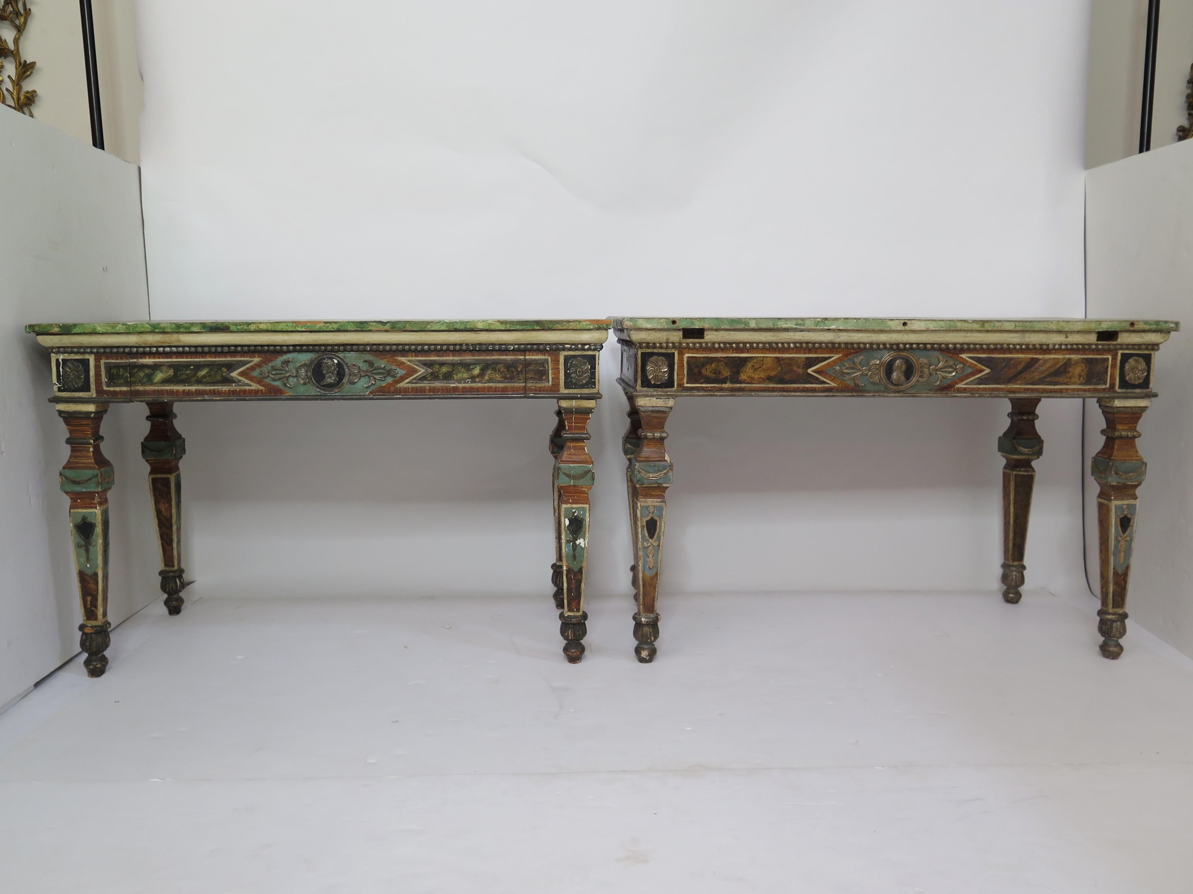 Pair of Italian Neoclassic Style Polychrome Painted Console Tables For Sale 4