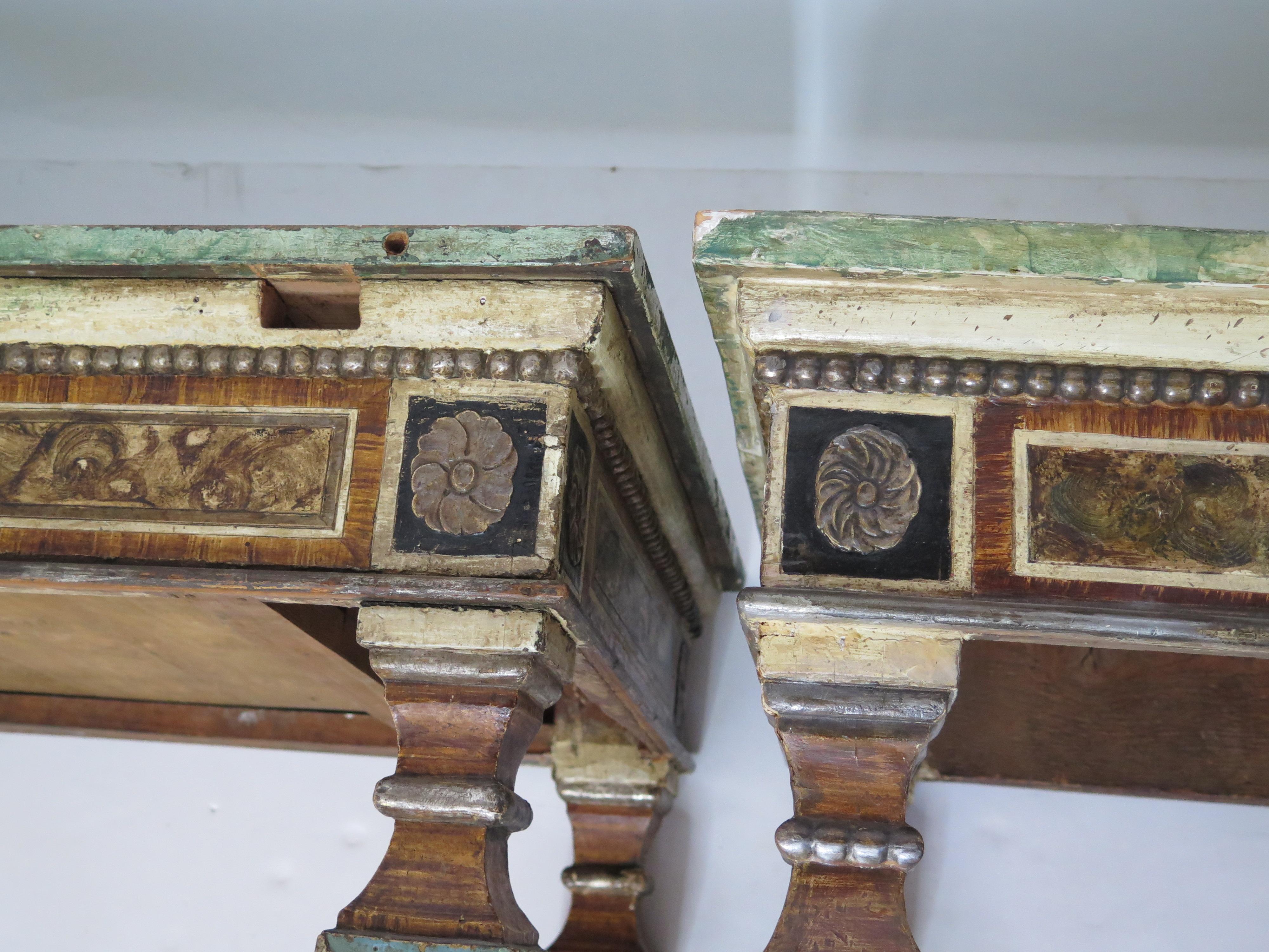 Pair of Italian Neoclassic Style Polychrome Painted Console Tables For Sale 12