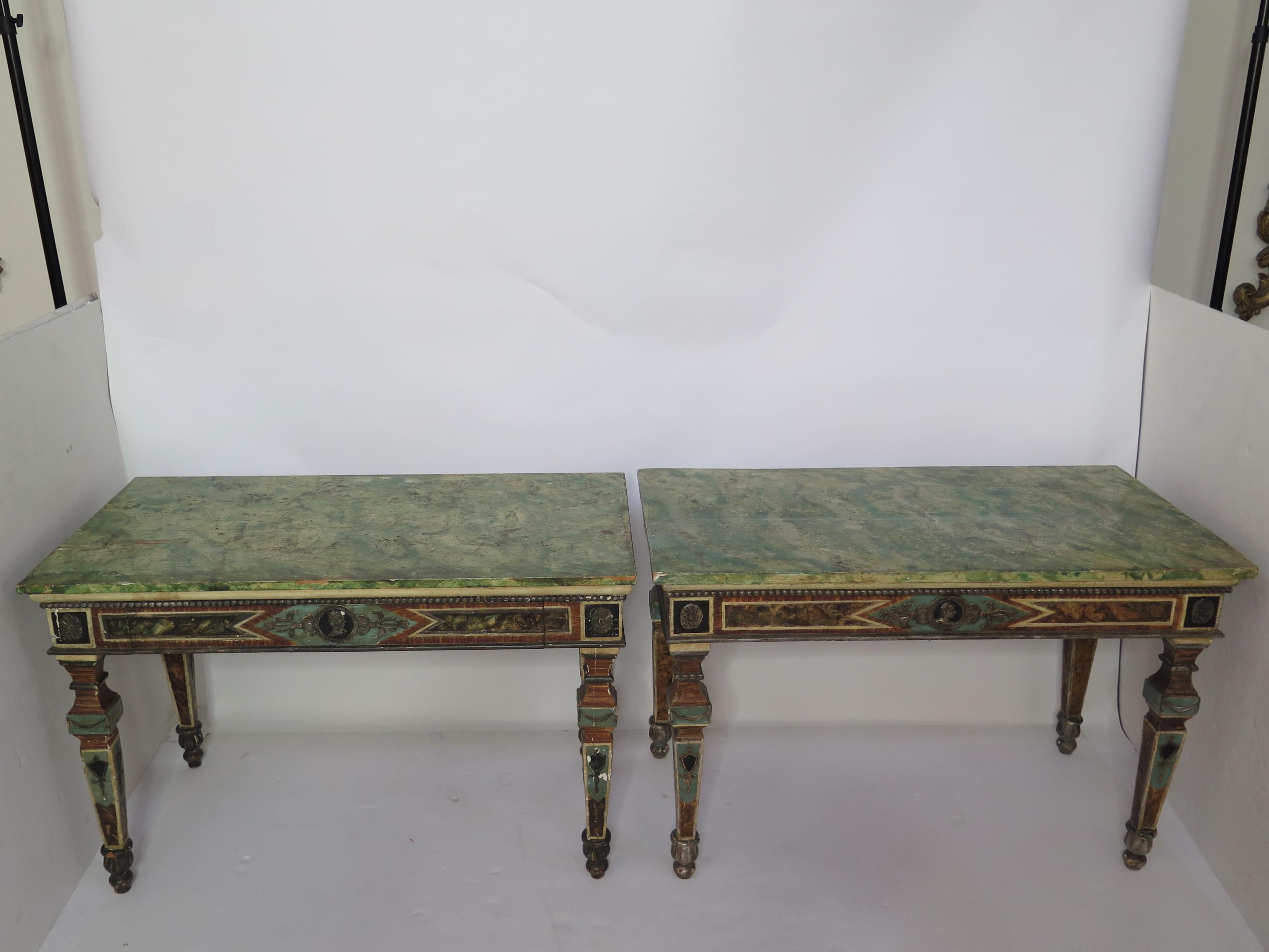 Neoclassical Pair of Italian Neoclassic Style Polychrome Painted Console Tables For Sale
