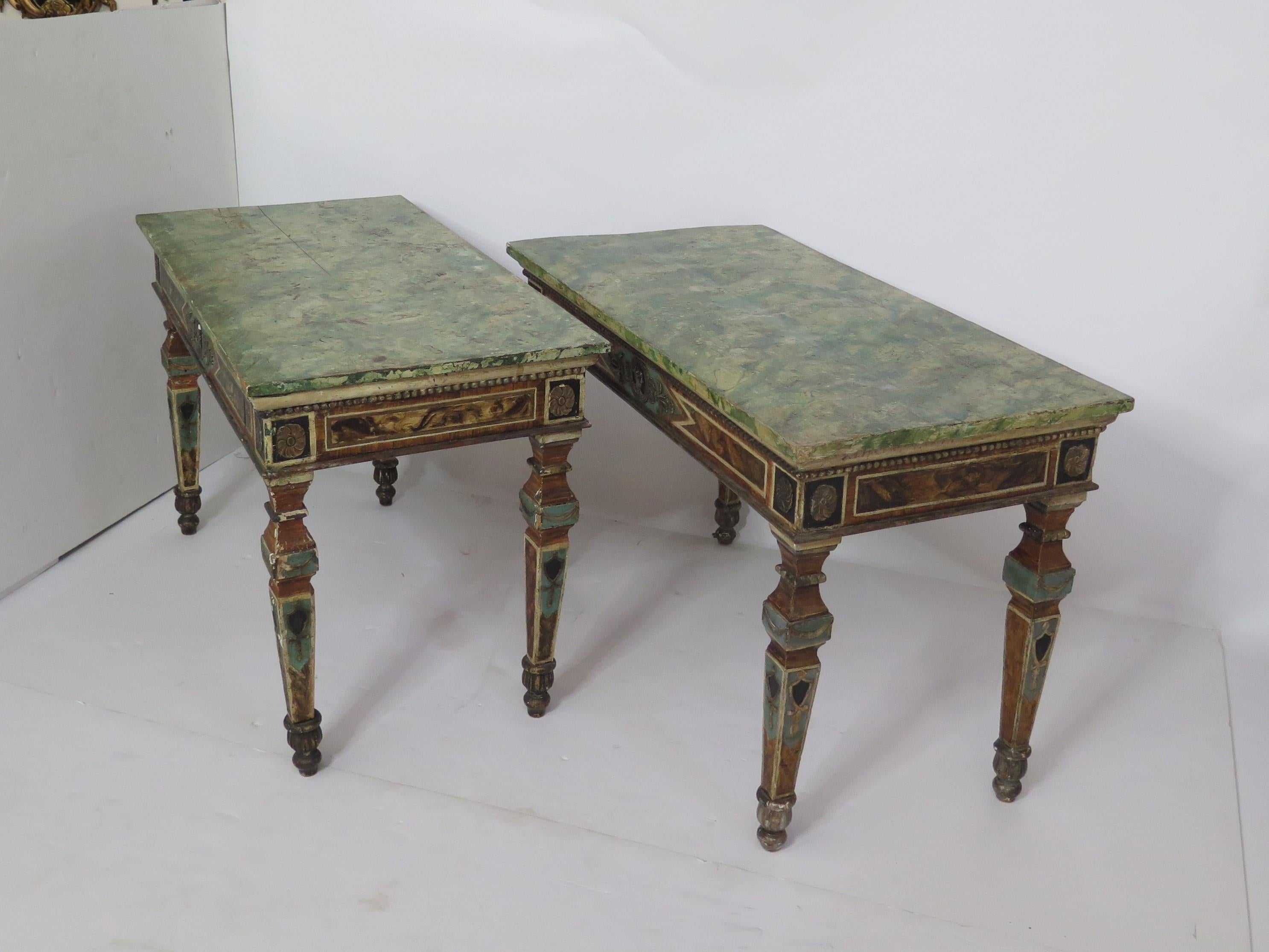 Polychromed Pair of Italian Neoclassic Style Polychrome Painted Console Tables For Sale