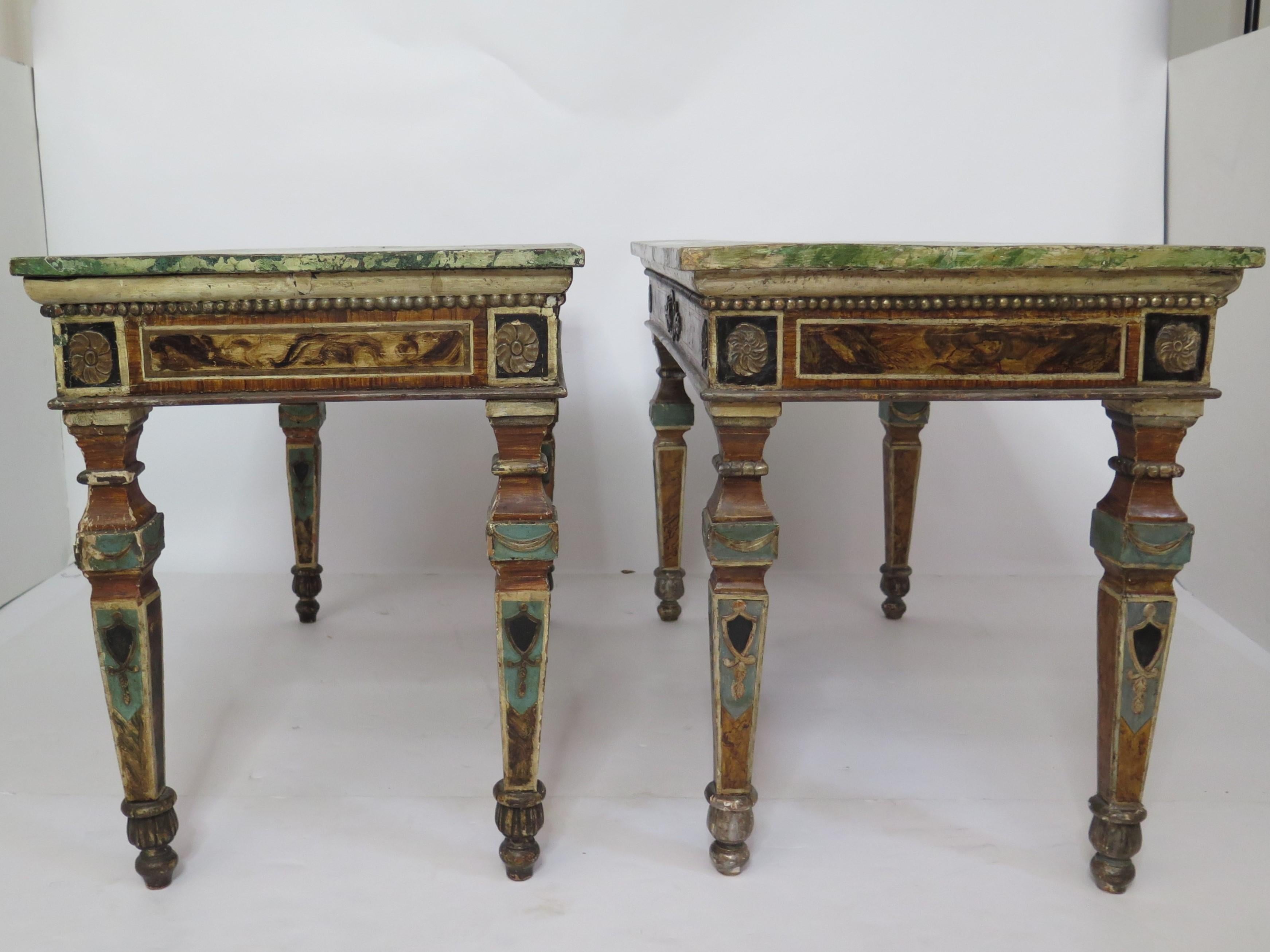 Pair of Italian Neoclassic Style Polychrome Painted Console Tables In Good Condition For Sale In Dallas, TX